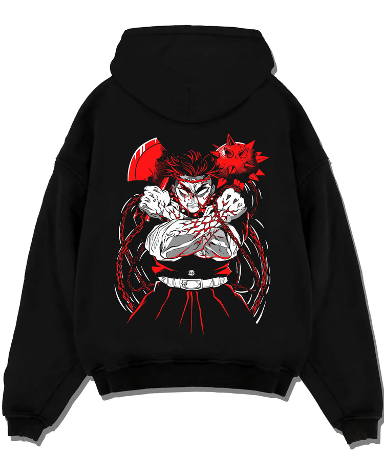 Black pullover hoodie laid flat with Demon Slayer Hoodie Gyomei Himejima Stone Strength graphic premium wear.