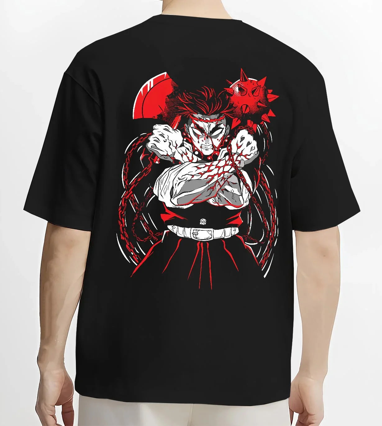 Black T-shirt worn by male model, back view with Demon Slayer Hoodie Gyomei Himejima Stone Strength graphic streetwear graphic.