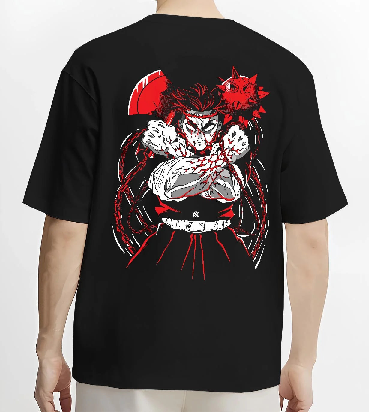 Black T-shirt worn by male model, back view with Demon Slayer Hoodie Gyomei Himejima Stone Strength graphic streetwear graphic.
