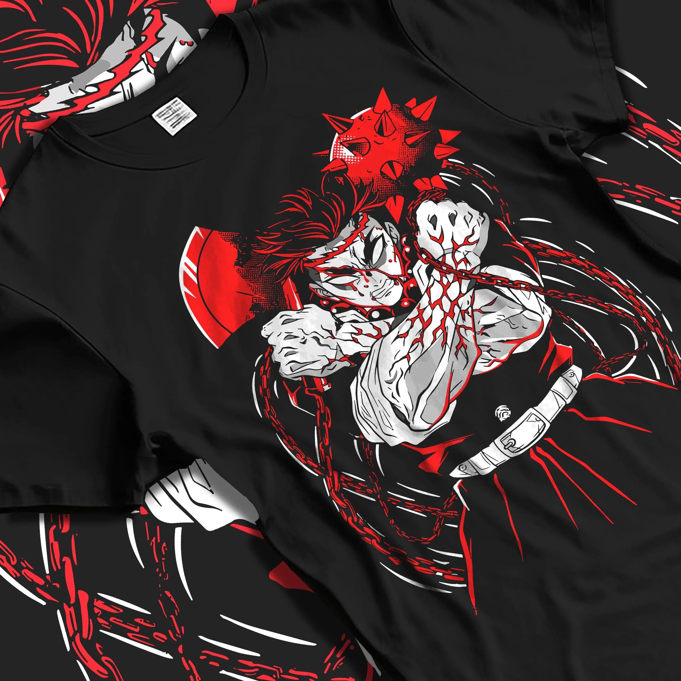 Black T-shirt laid flat with natural folds with Demon Slayer Hoodie Gyomei Himejima Stone Strength graphic premium wear.