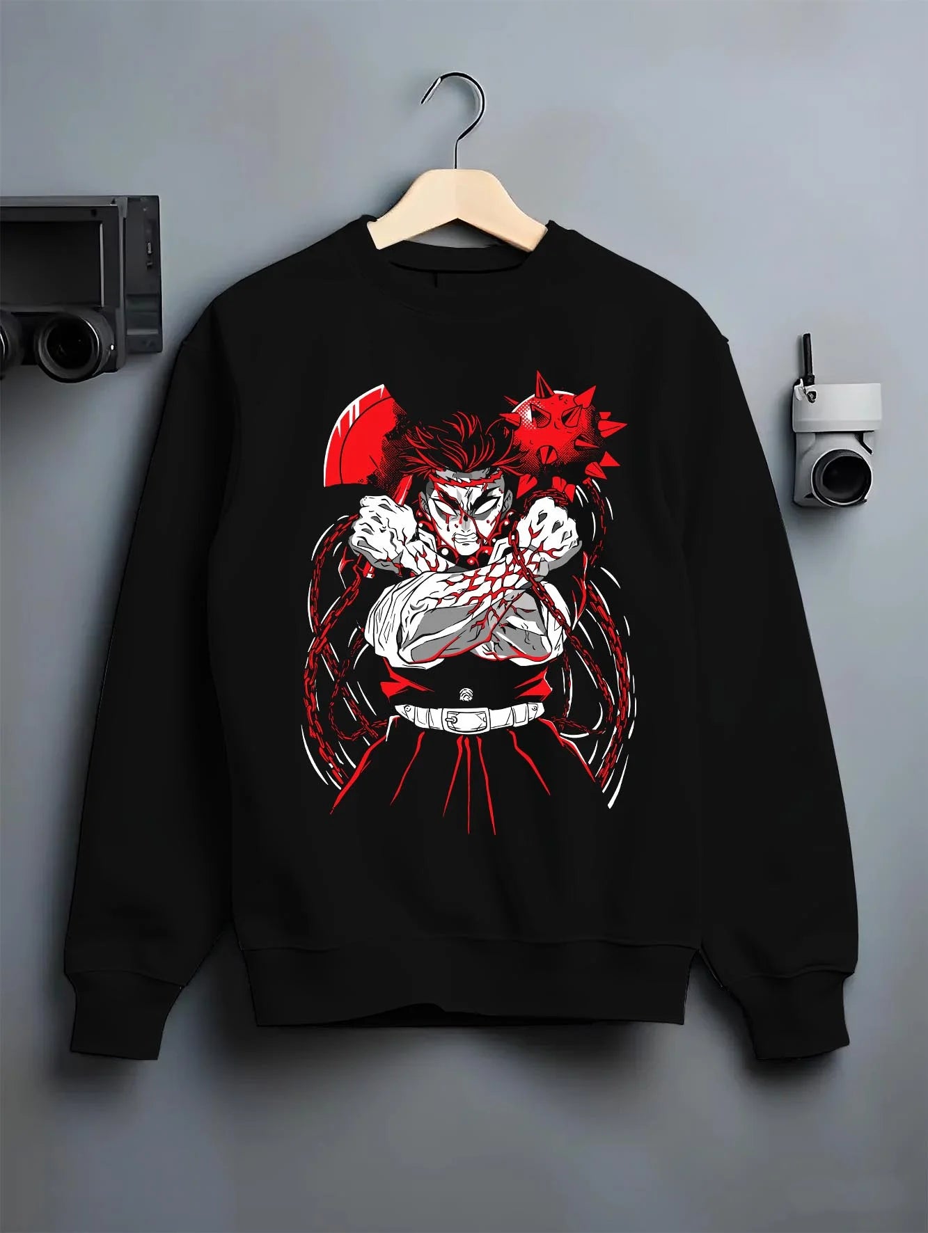 Black crewneck sweatshirt on hanger with Demon Slayer Hoodie Gyomei Himejima Stone Strength graphic premium wear.