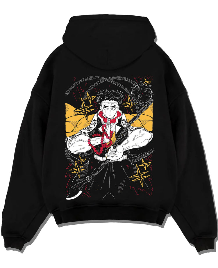 Black pullover hoodie laid flat with Demon Slayer Hoodie Gyomei Himejima Prayer Pose Jumper graphic bold anime graphic.