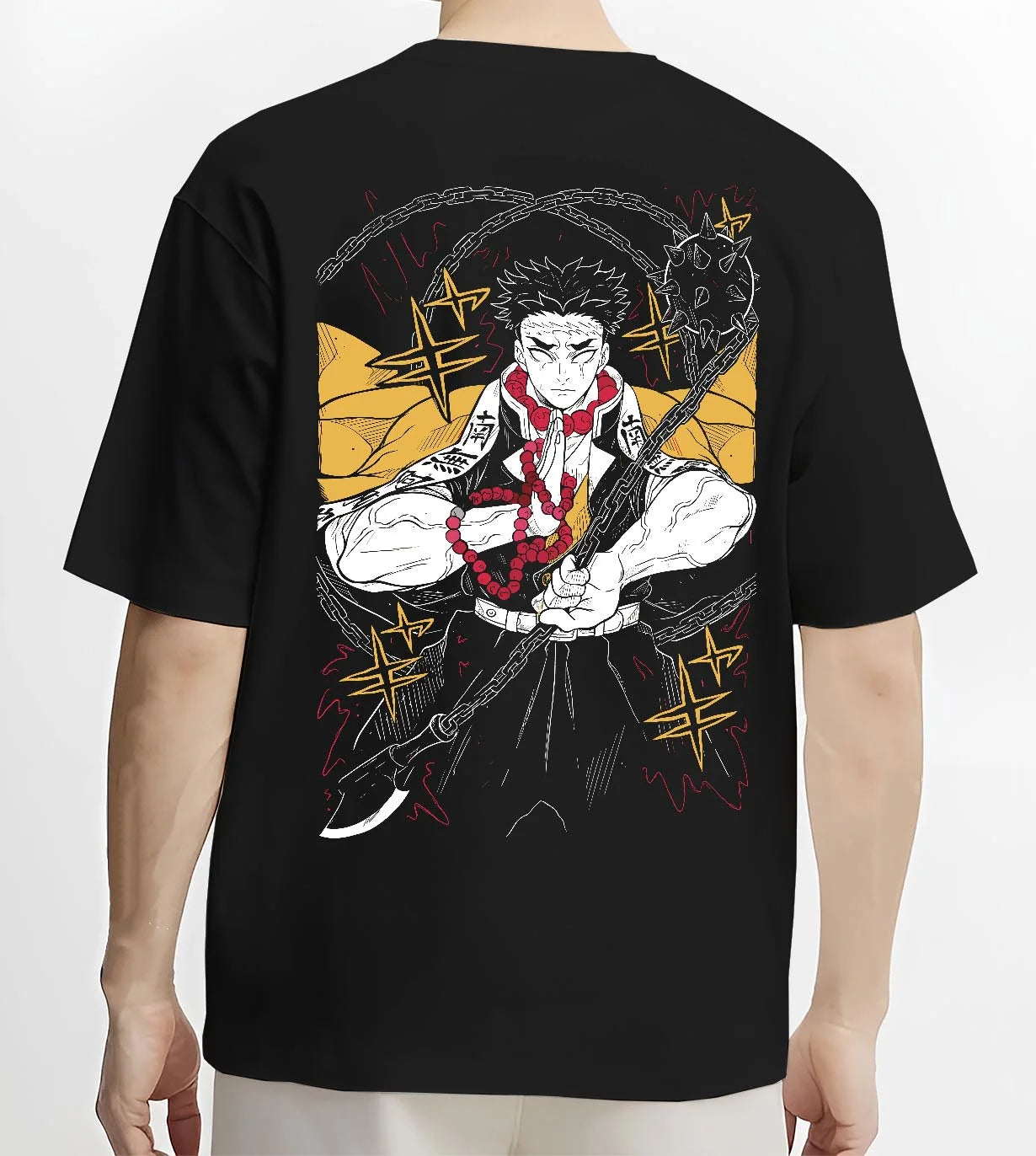 Black T-shirt worn by male model, back view with Demon Slayer Hoodie Gyomei Himejima Prayer Pose Jumper graphic premium wear.