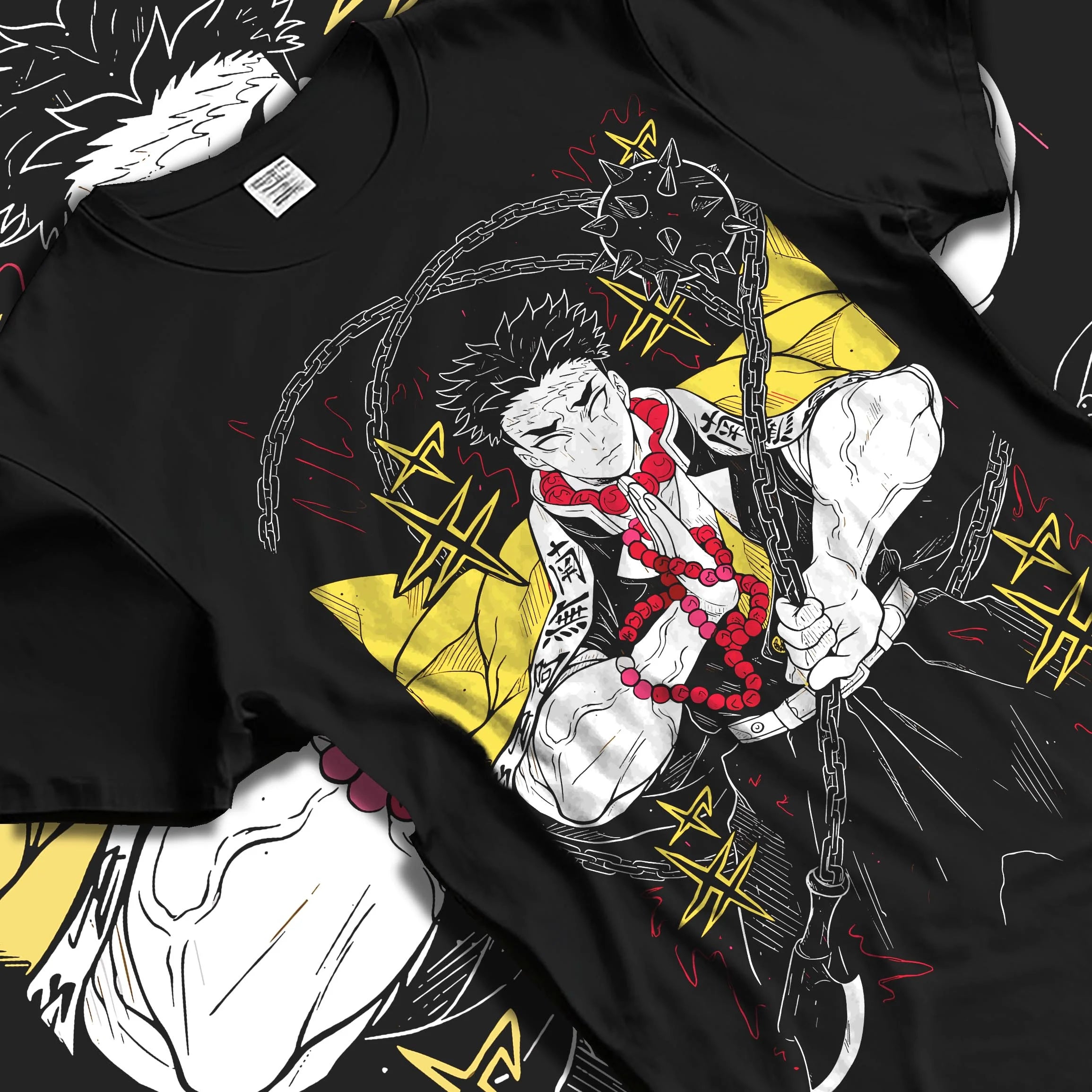 Black T-shirt laid flat with natural folds with Demon Slayer Hoodie Gyomei Himejima Prayer Pose Jumper graphic bold anime graphic.