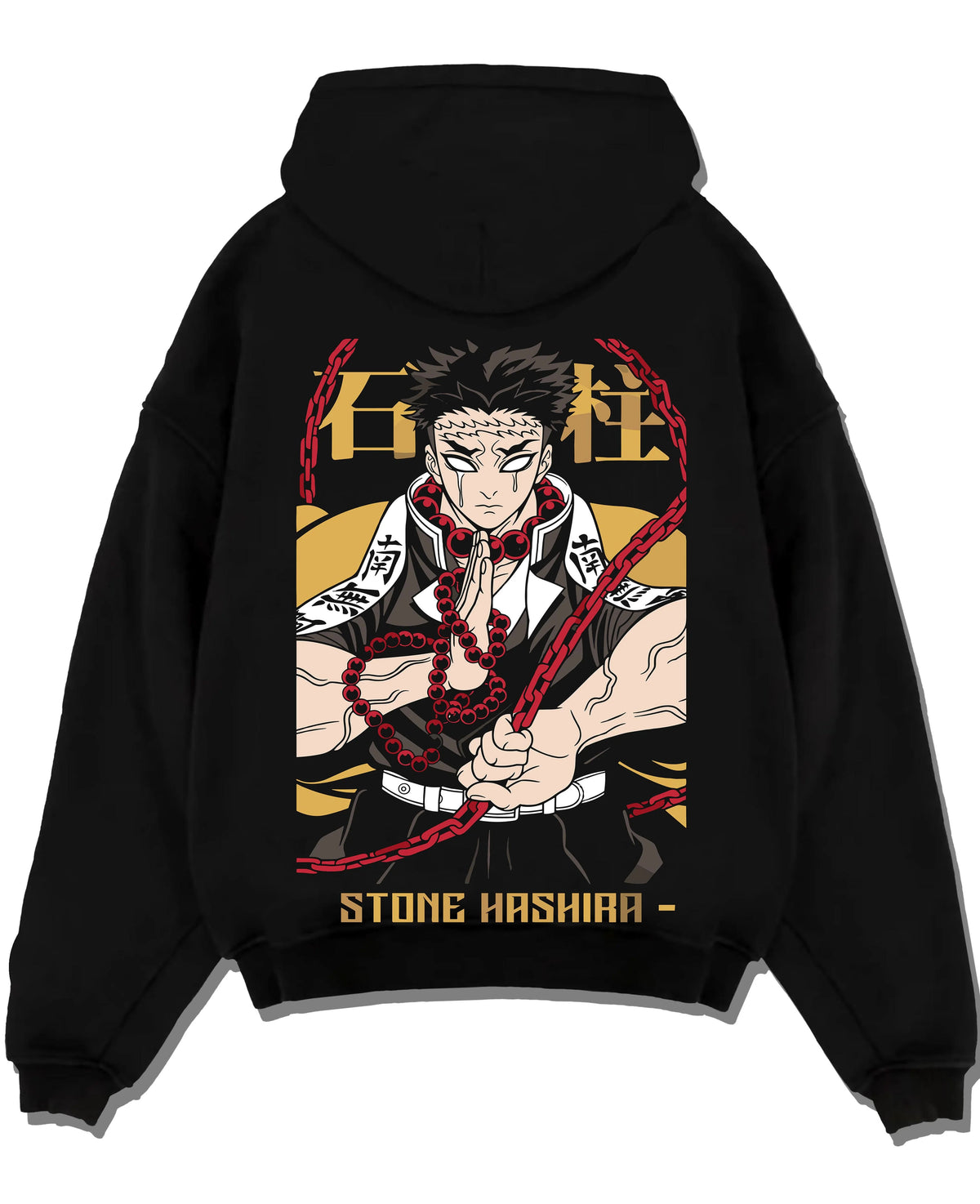 Black hoodie laid flat featuring Gyomei Himejima Stone Hashira prayer artwork.
