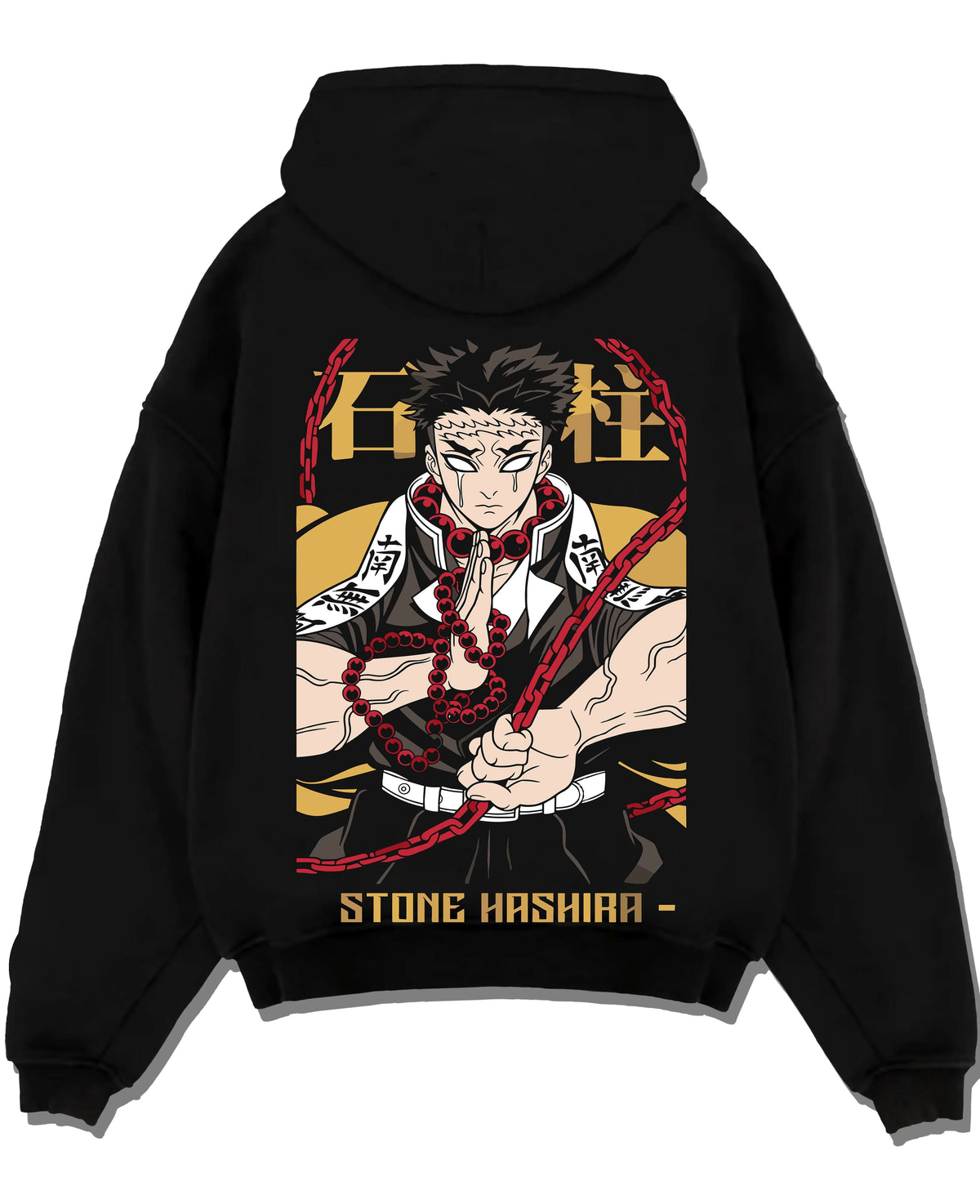 Black hoodie laid flat featuring Gyomei Himejima Stone Hashira prayer artwork.