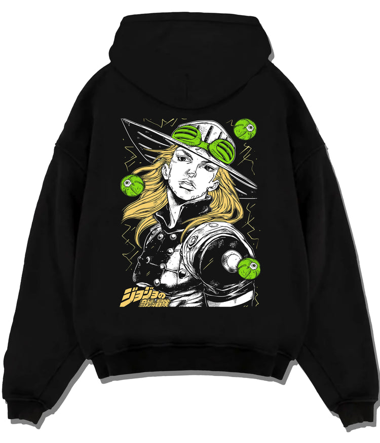 Black hoodie flat back view showing Gyro Zeppeli from JoJo’s Bizarre Adventure: steel-ball fighter portrait
