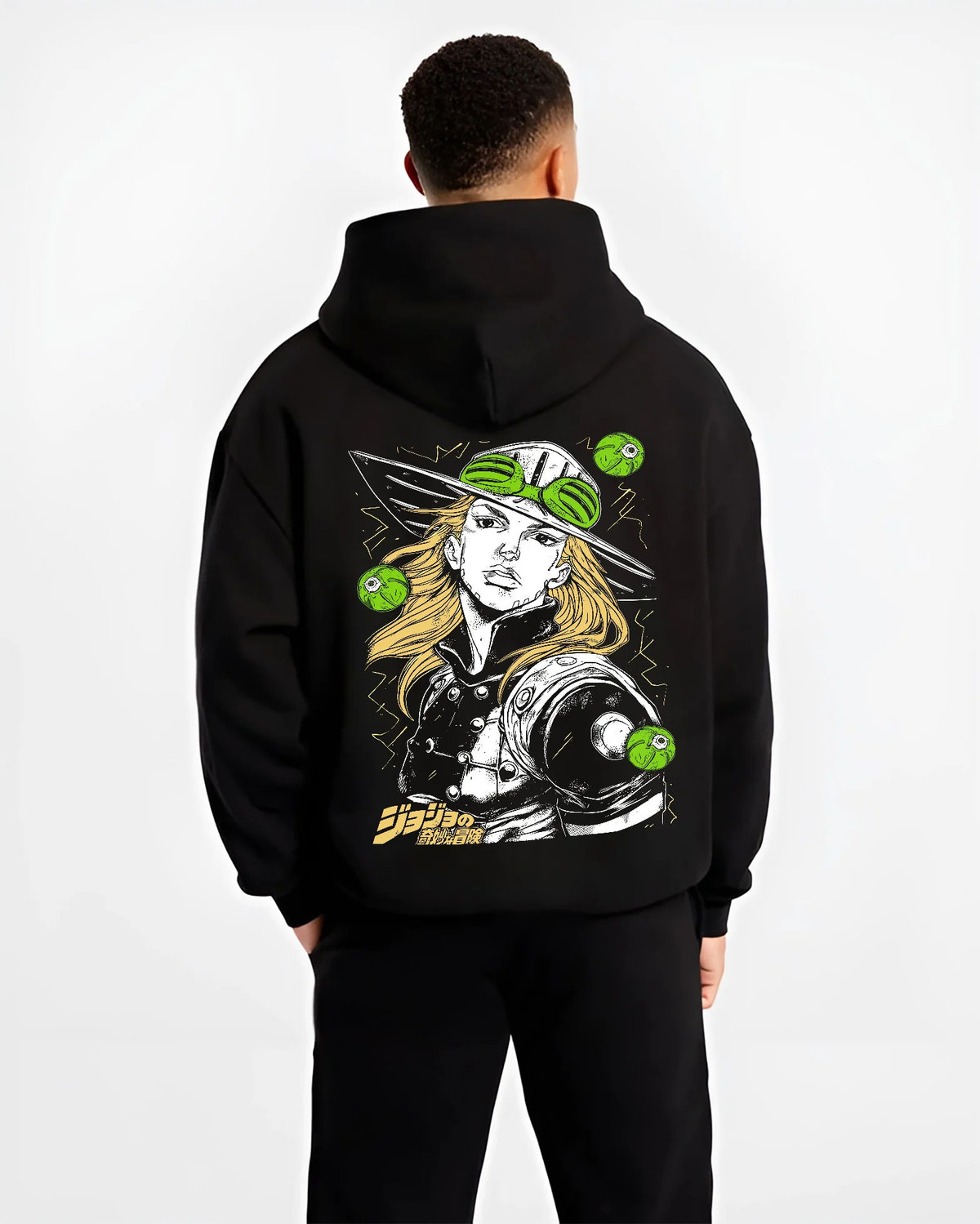 Black hoodie model back view showing Gyro Zeppeli from JoJo’s Bizarre Adventure: steel-ball fighter portrait