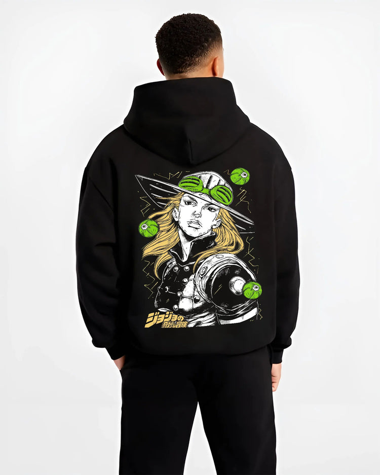 Black hoodie model back view showing Gyro Zeppeli from JoJo’s Bizarre Adventure: steel-ball fighter portrait