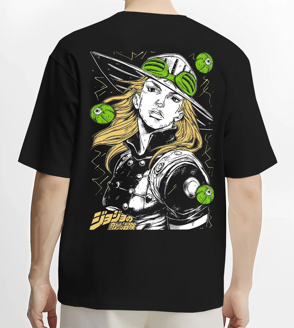 Black T-shirt model back view showing Gyro Zeppeli from JoJo’s Bizarre Adventure: steel-ball fighter portrait