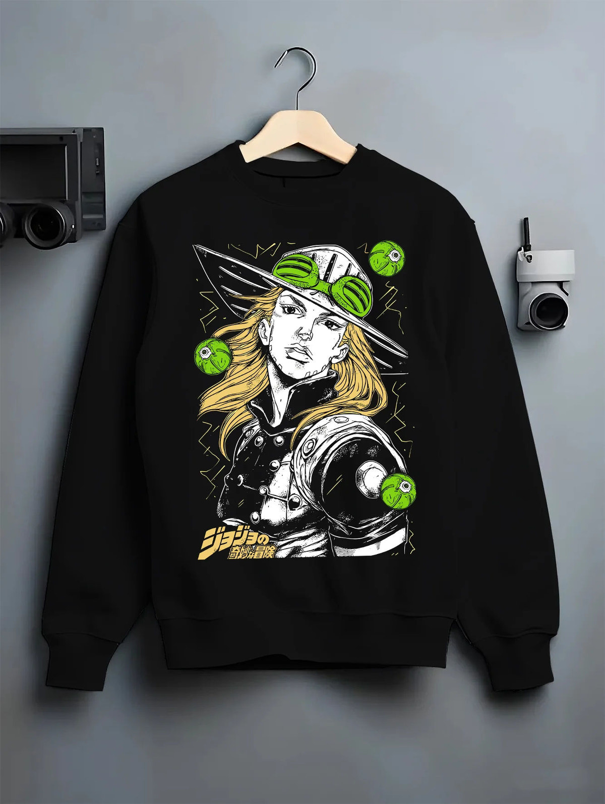 Black crewneck sweatshirt on hanger showing Gyro Zeppeli from JoJo’s Bizarre Adventure: steel-ball fighter portrait