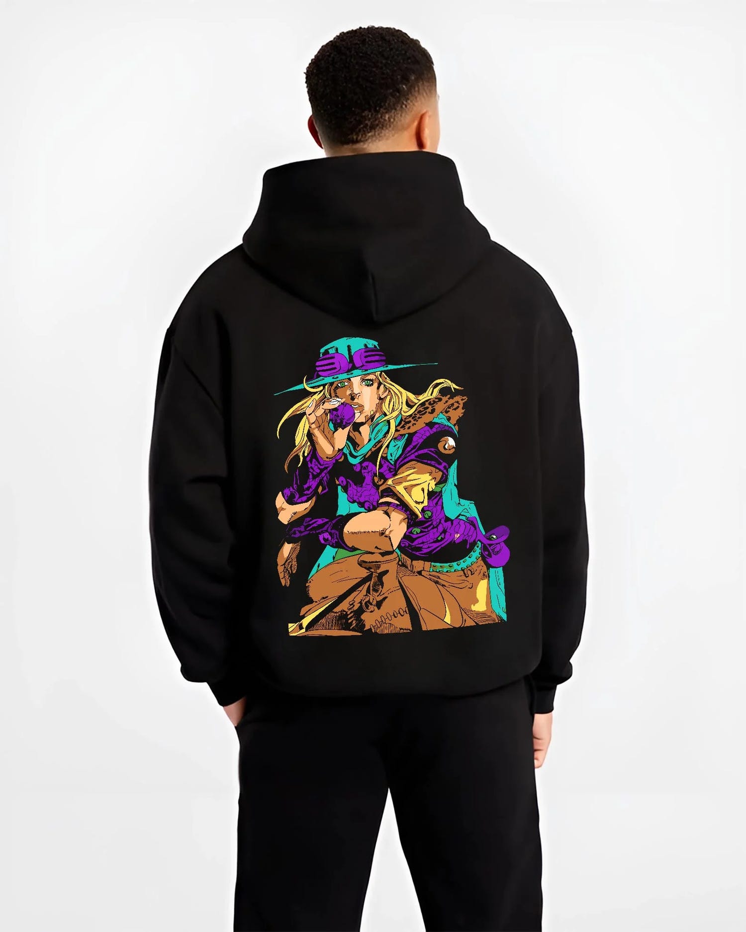 Black hoodie worn by male model, back view with JoJo’s Bizarre Adventure Hoodie Gyro Zeppeli Jumper graphic premium wear.