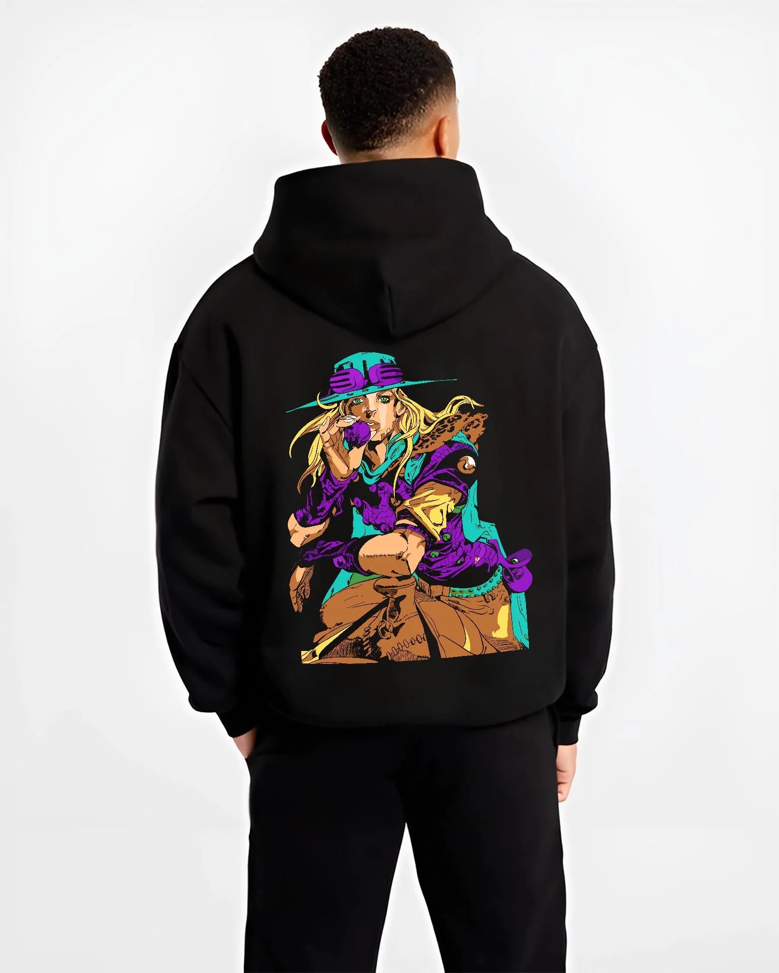 Black hoodie worn by male model, back view with JoJo’s Bizarre Adventure Hoodie Gyro Zeppeli Jumper graphic premium wear.
