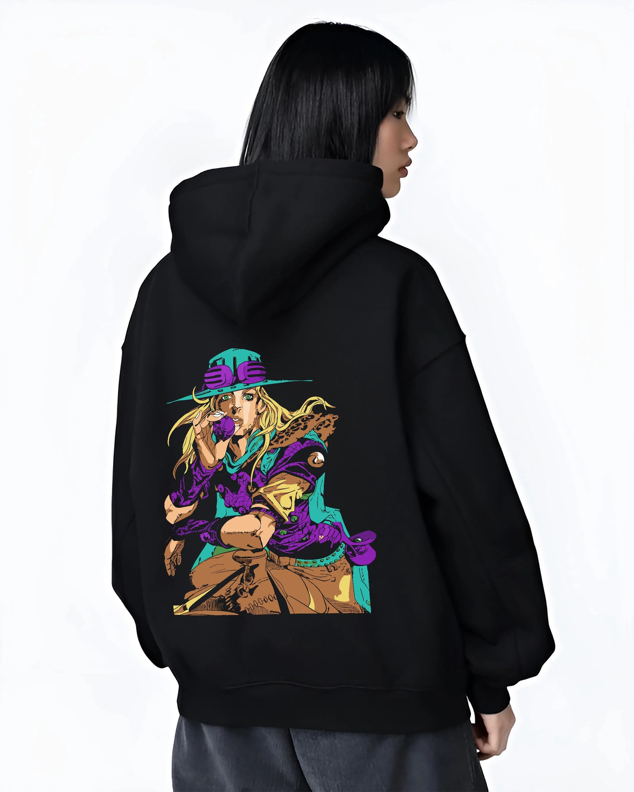 Black hoodie worn by female model, back view with JoJo’s Bizarre Adventure Hoodie Gyro Zeppeli Jumper graphic premium wear.