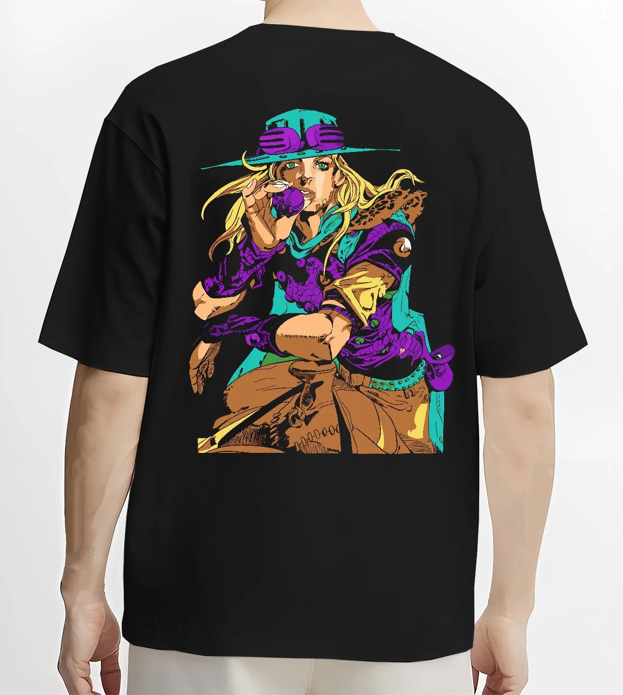 Black T-shirt worn by male model, back view with JoJo’s Bizarre Adventure Hoodie Gyro Zeppeli Jumper graphic streetwear graphic.