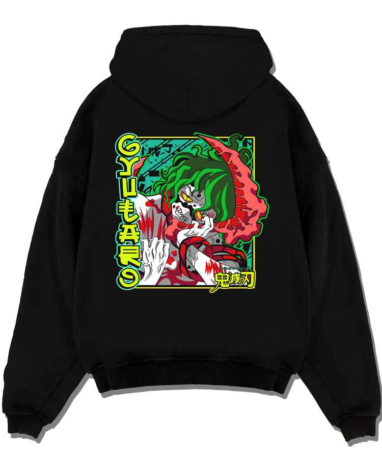 Black pullover hoodie laid flat with Demon Slayer Hoodie Gyutaro Upper Moon Power Jumper graphic streetwear graphic.