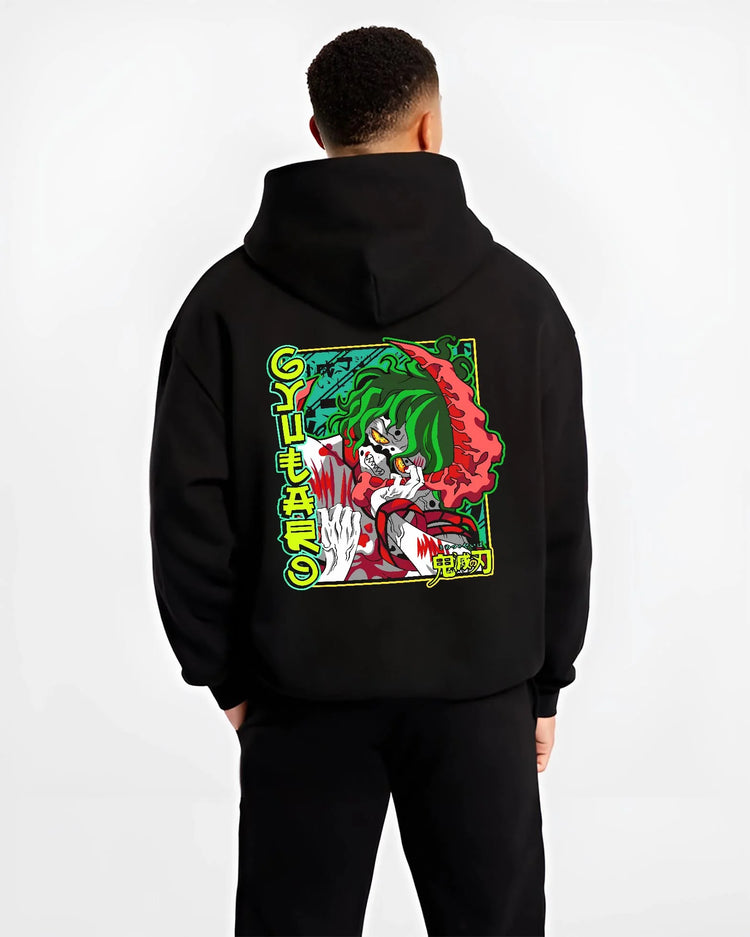 Black hoodie worn by male model, back view with Demon Slayer Hoodie Gyutaro Upper Moon Power Jumper graphic premium wear.