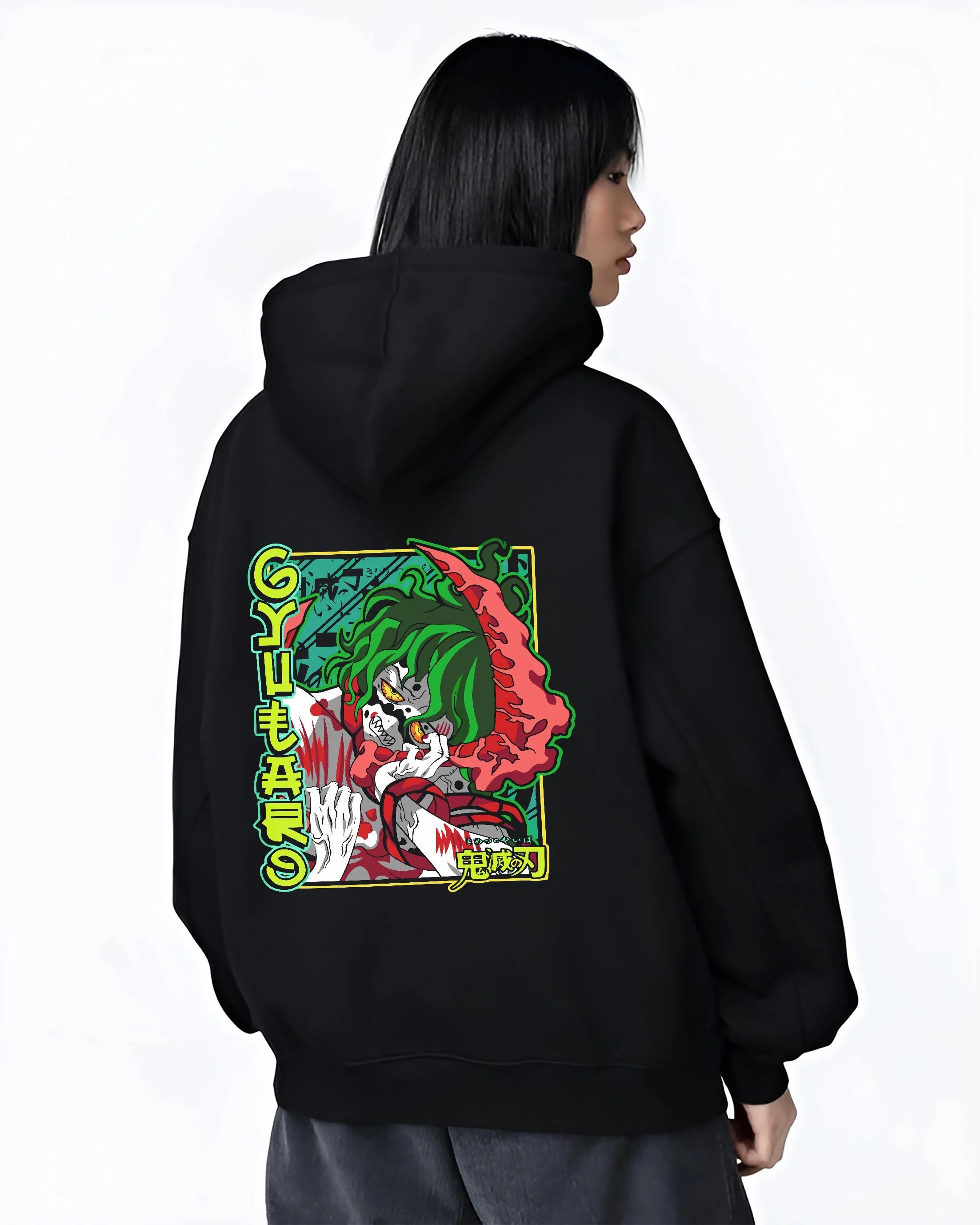 Black hoodie worn by female model, back view with Demon Slayer Hoodie Gyutaro Upper Moon Power Jumper graphic streetwear graphic.
