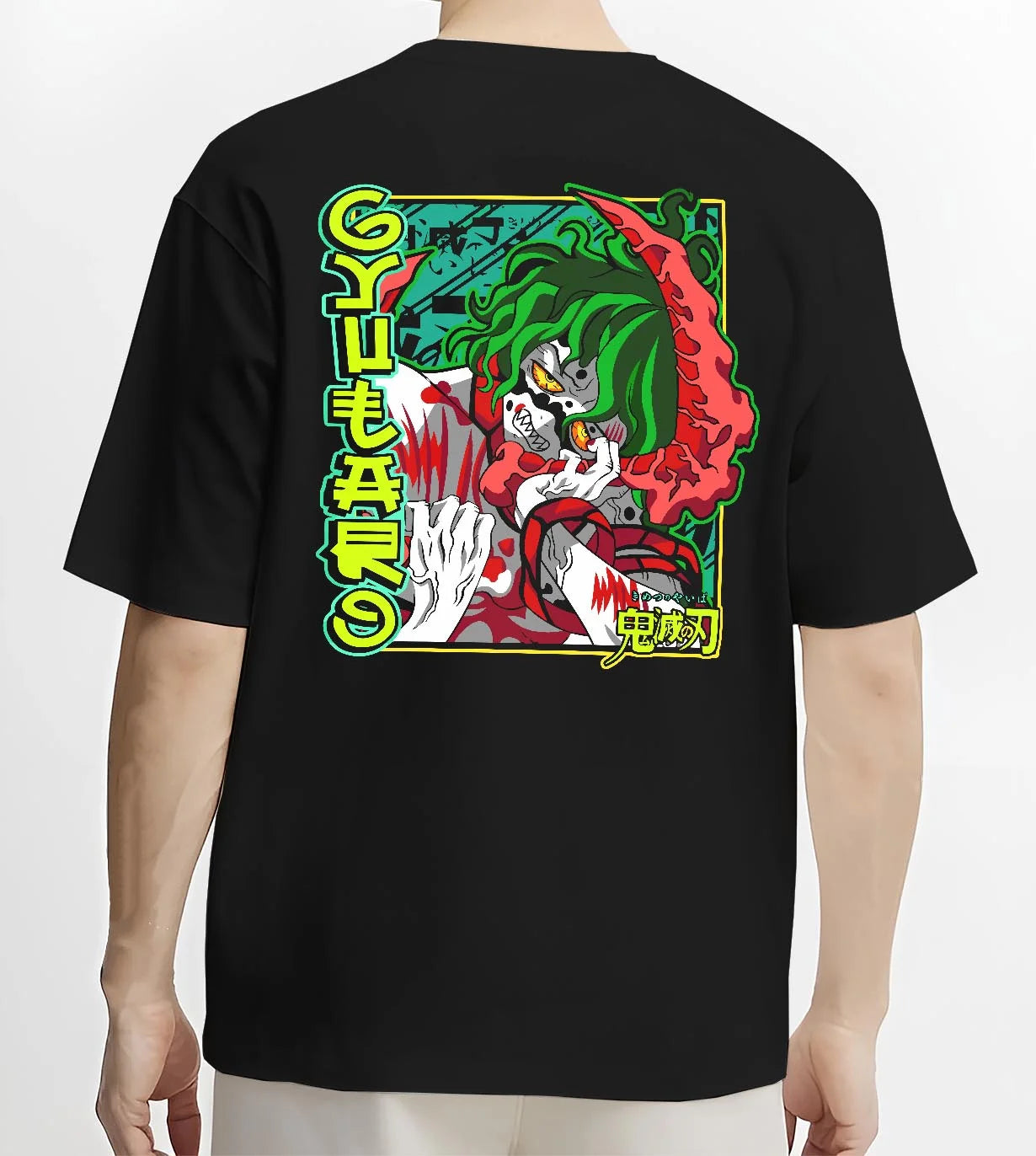 Black T-shirt worn by male model, back view with Demon Slayer Hoodie Gyutaro Upper Moon Power Jumper graphic premium wear.