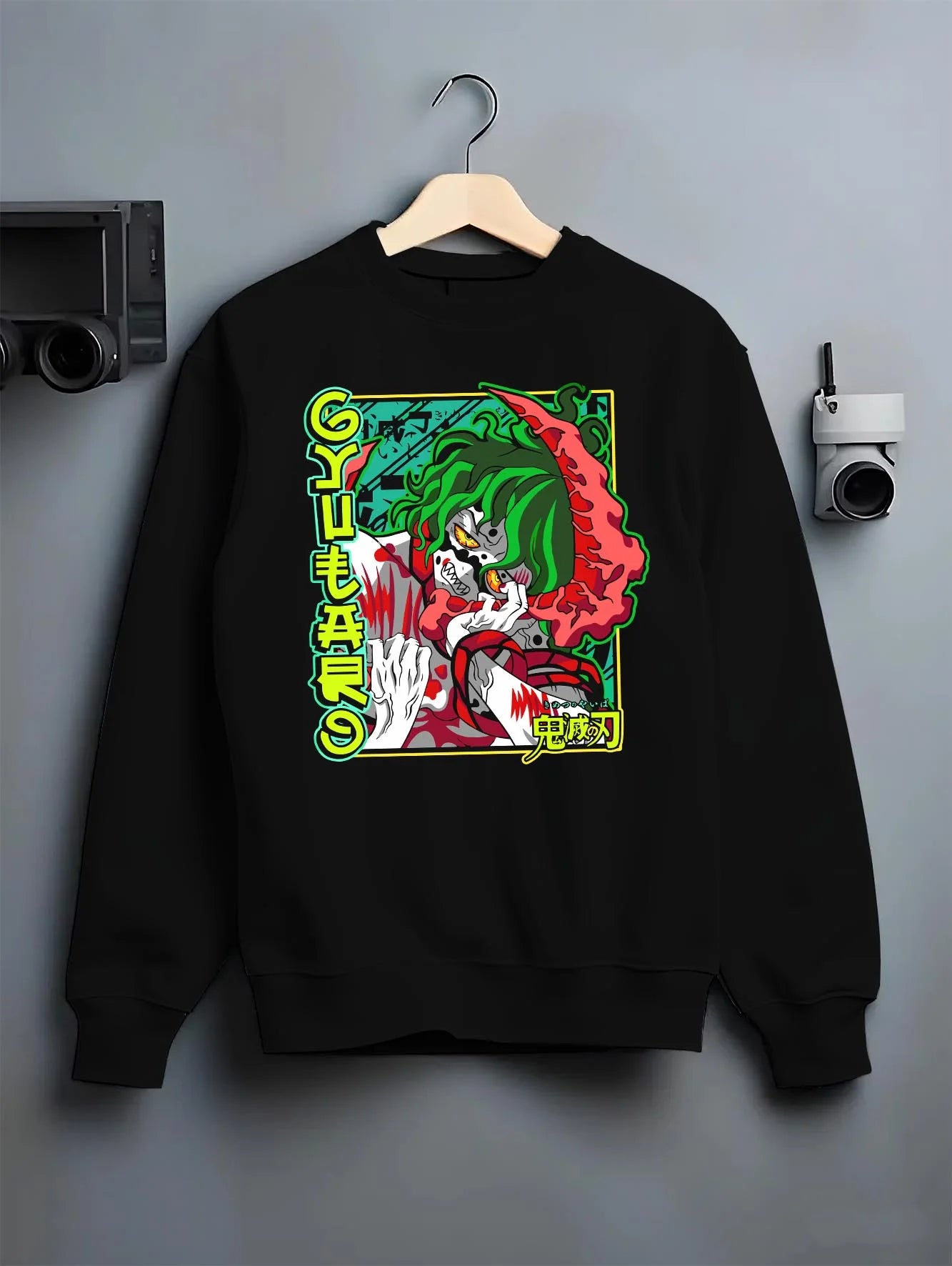 Black crewneck sweatshirt on hanger with Demon Slayer Hoodie Gyutaro Upper Moon Power Jumper graphic premium wear.