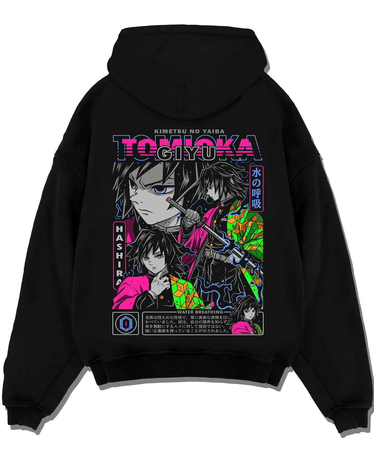 Black hoodie laid flat featuring Giyu Tomioka Water Hashira sword artwork.