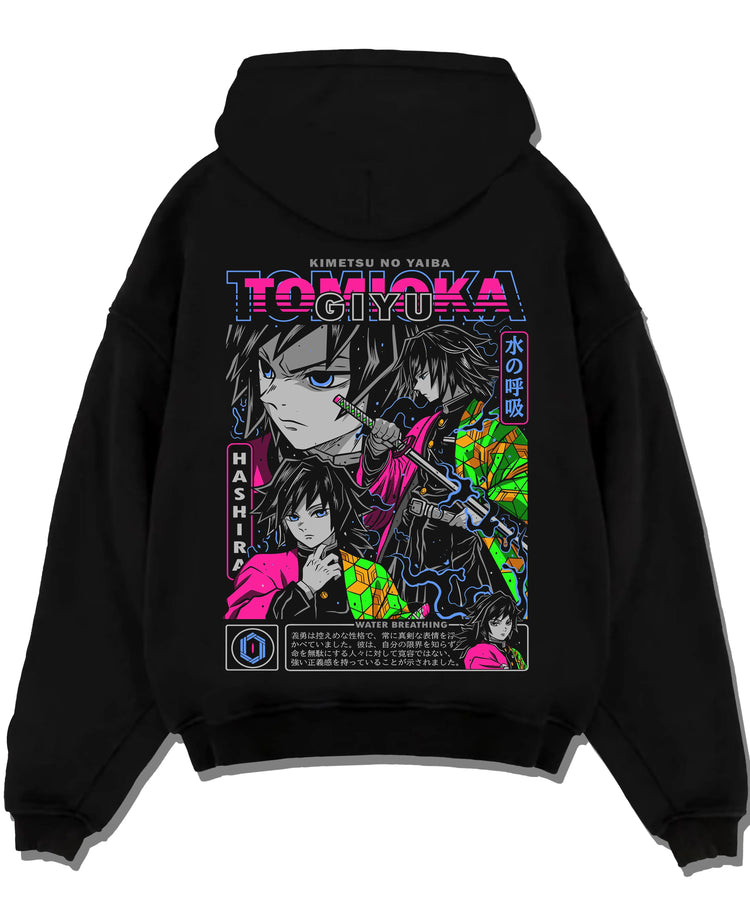 Black hoodie laid flat featuring Giyu Tomioka Water Hashira sword artwork.