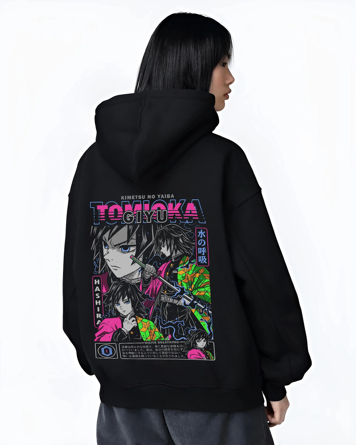 Black hoodie worn by female model from the back featuring Giyu Tomioka Water Hashira sword artwork.
