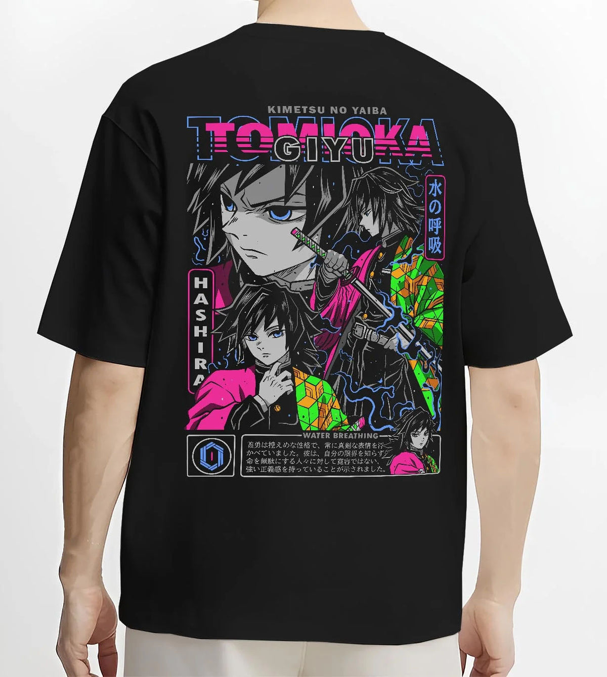 Black T-shirt worn by male model from the back featuring Giyu Tomioka Water Hashira sword artwork.
