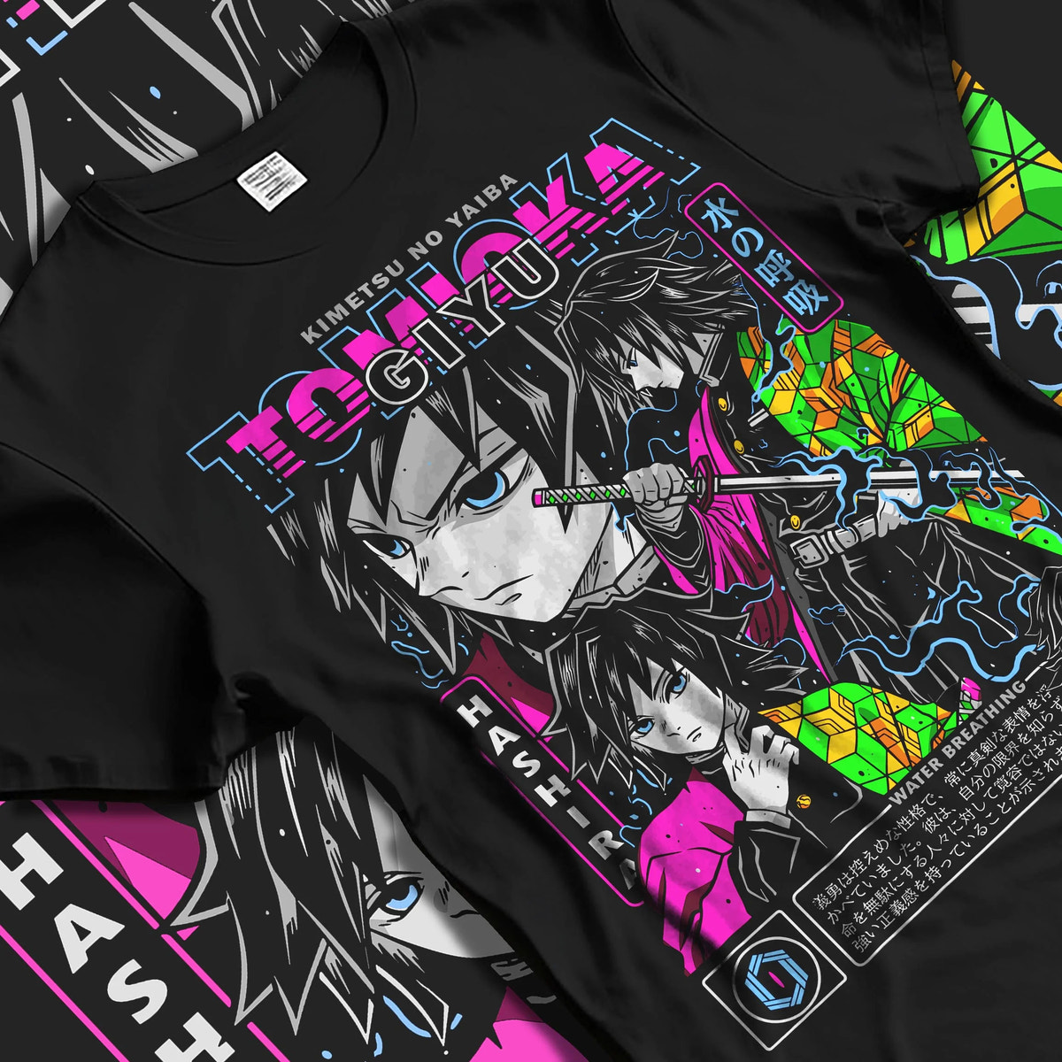 Black T-shirt laid flat with natural folds featuring Giyu Tomioka Water Hashira sword artwork.