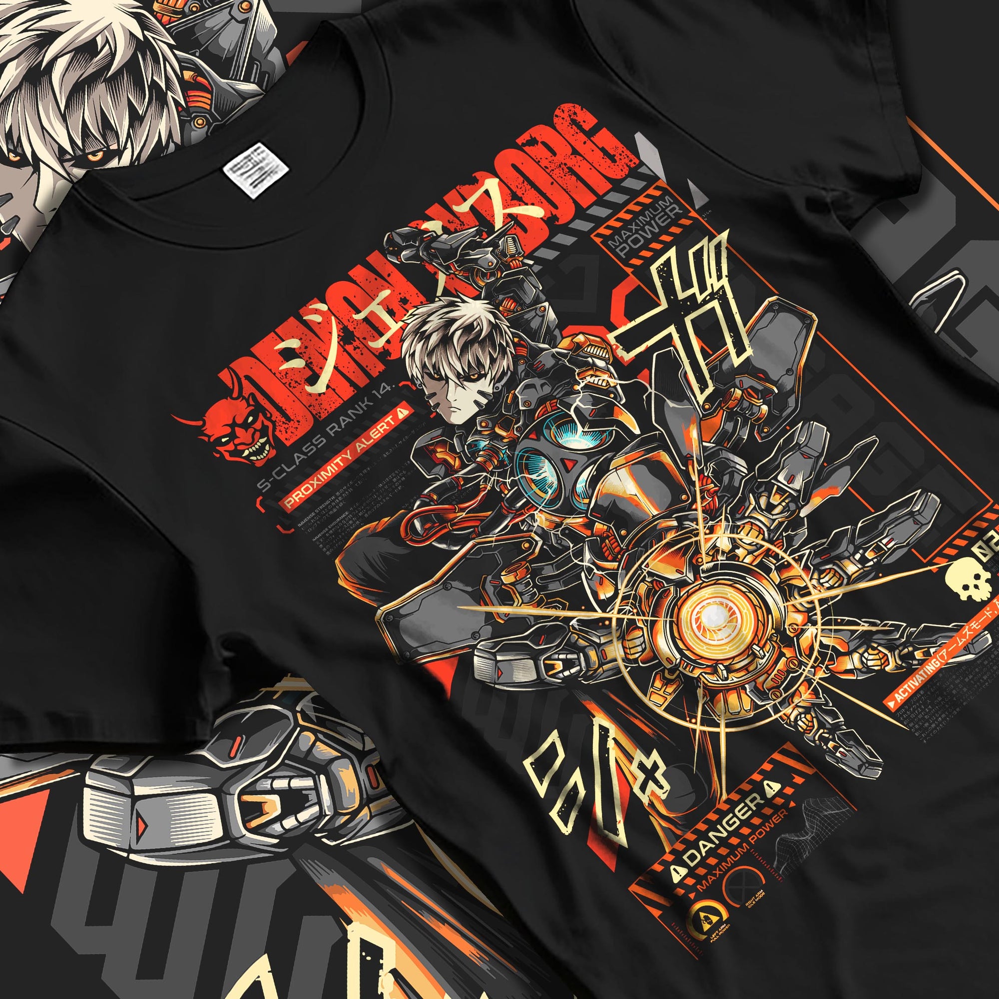 Black T-shirt laid flat with natural fabric folds, featuring One Punch Man Genos anime poster inspired cyberpunk artwork with bold retro mecha design elements.