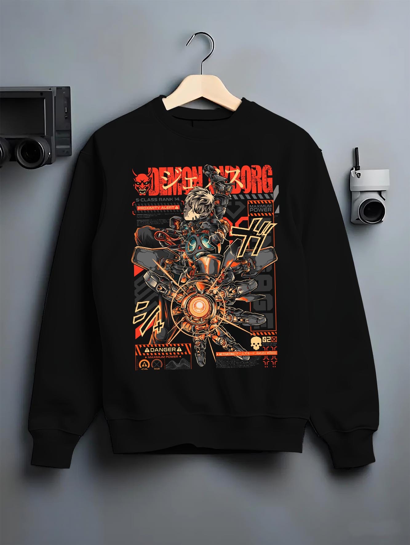 Black crewneck sweatshirt on a hanger against a grey wall, featuring One Punch Man Genos cyberpunk anime aesthetic design with futuristic retro mecha artwork print.