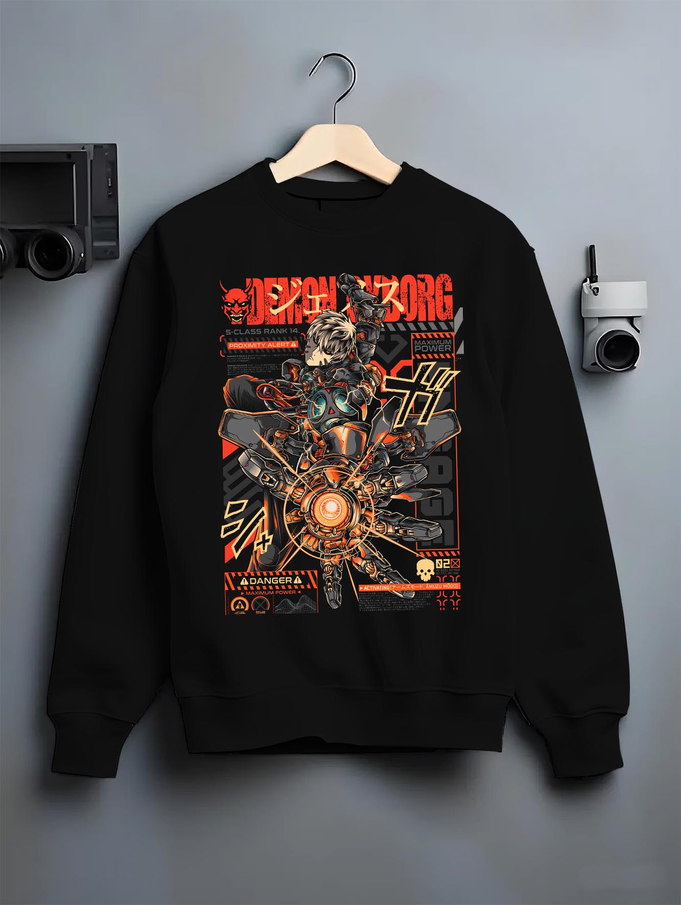 Black crewneck sweatshirt on a hanger against a grey wall, featuring One Punch Man Genos cyberpunk anime aesthetic design with futuristic retro mecha artwork print.