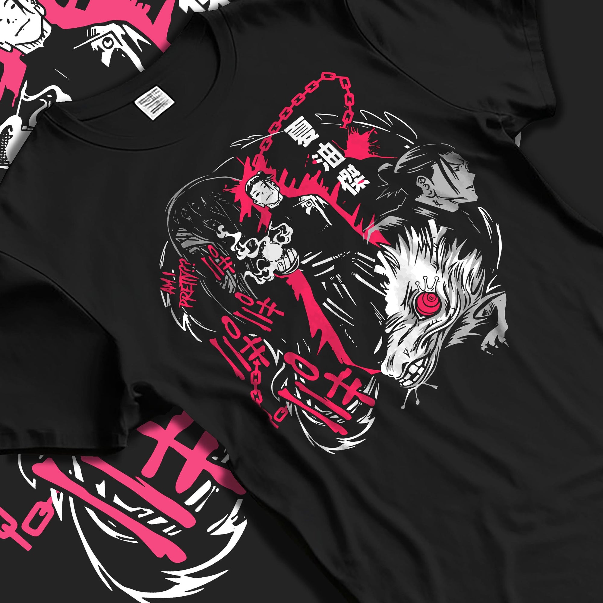 Black T-shirt laid flat with natural fabric folds, featuring Jujutsu Kaisen Suguru Geto retro manga artwork graphic with curse spirit in bold anime streetwear style.