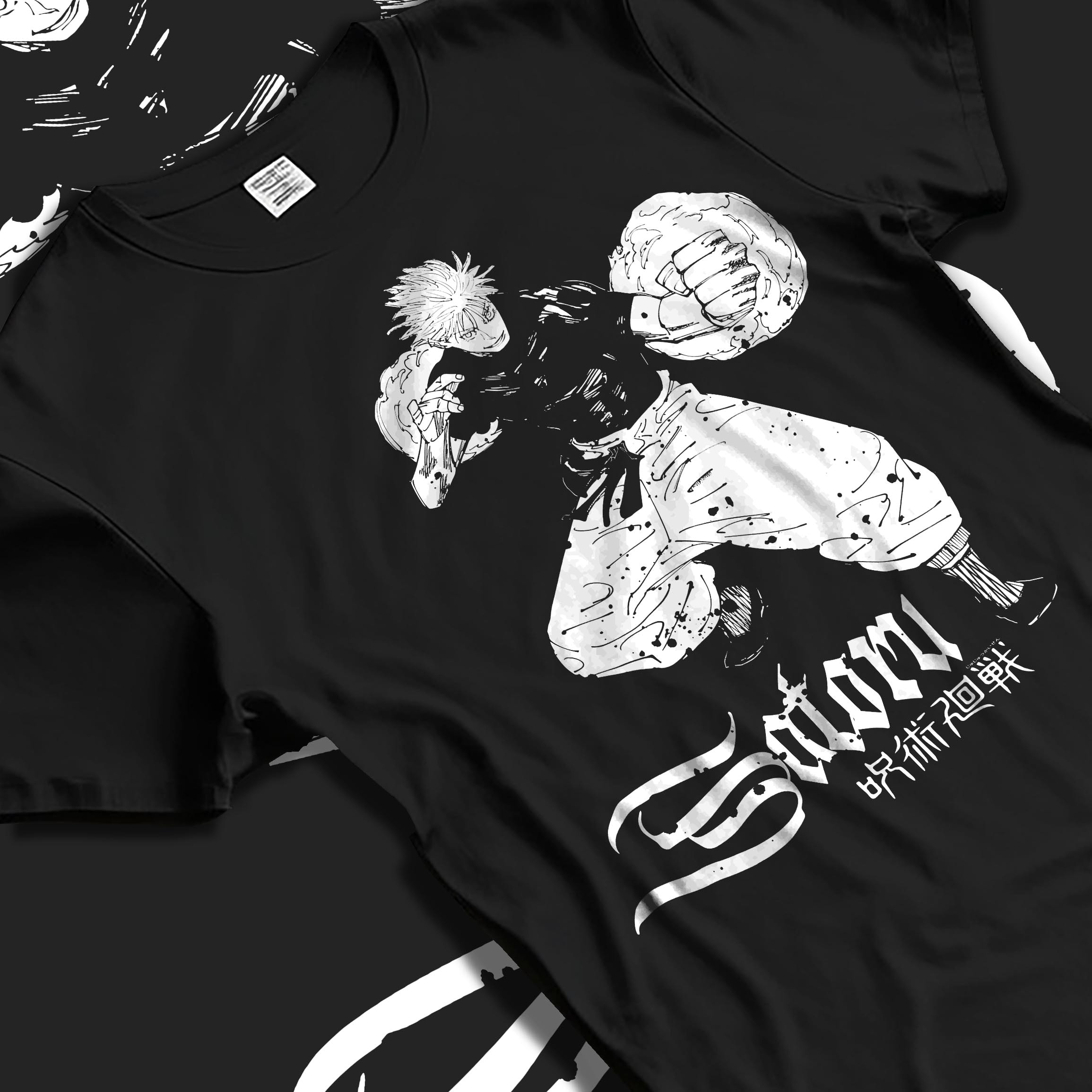 Black T-shirt laid flat with natural fabric folds, featuring shonen battle character artwork of Satoru in a bold retro manga graphic.