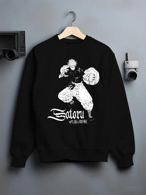 Black crewneck sweatshirt on a hanger against a grey wall, featuring anime poster inspired design of Satoru with strong fighting stance artwork.
