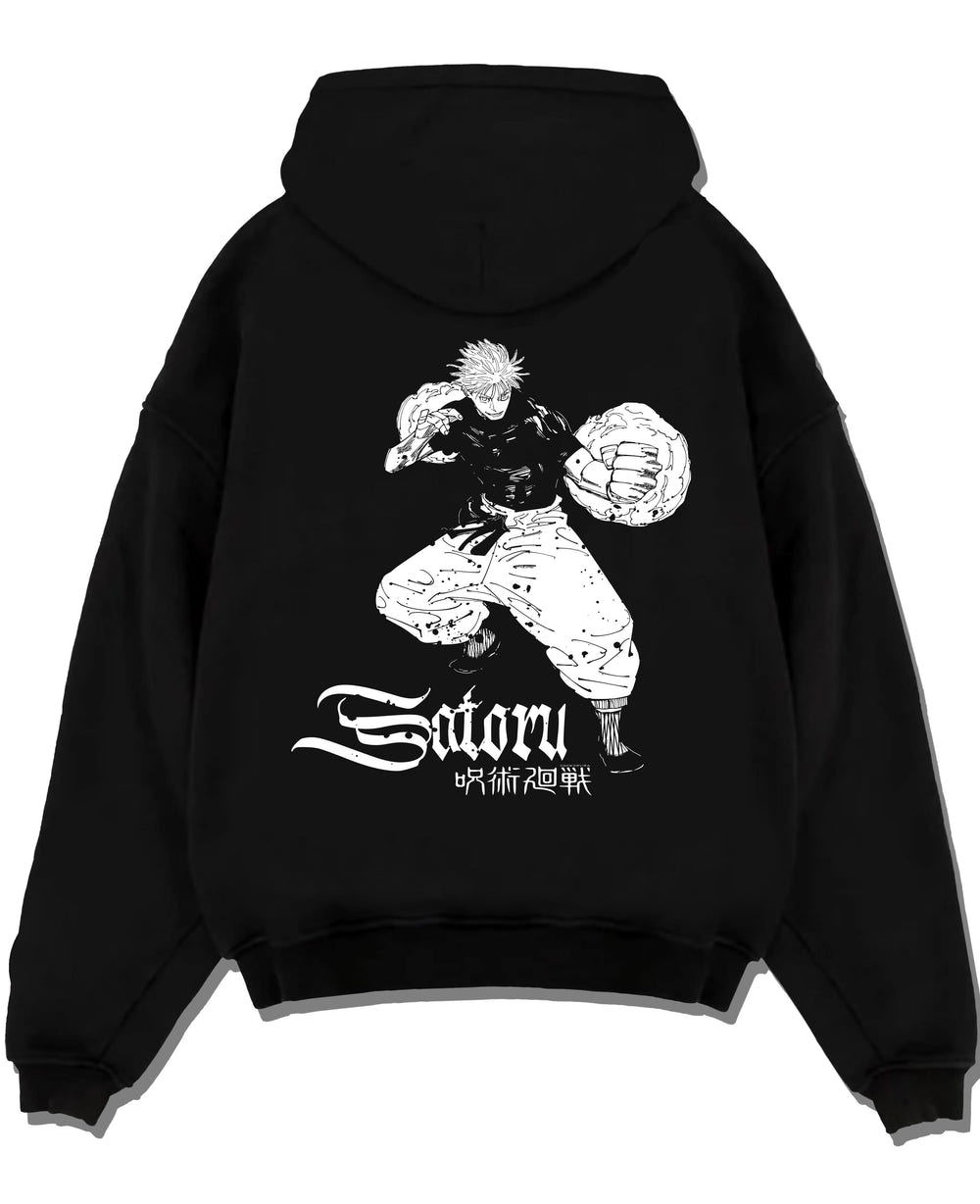 Black pullover hoodie laid flat on a white background, featuring Japanese animation streetwear graphic of Satoru with detailed shonen battle motif.