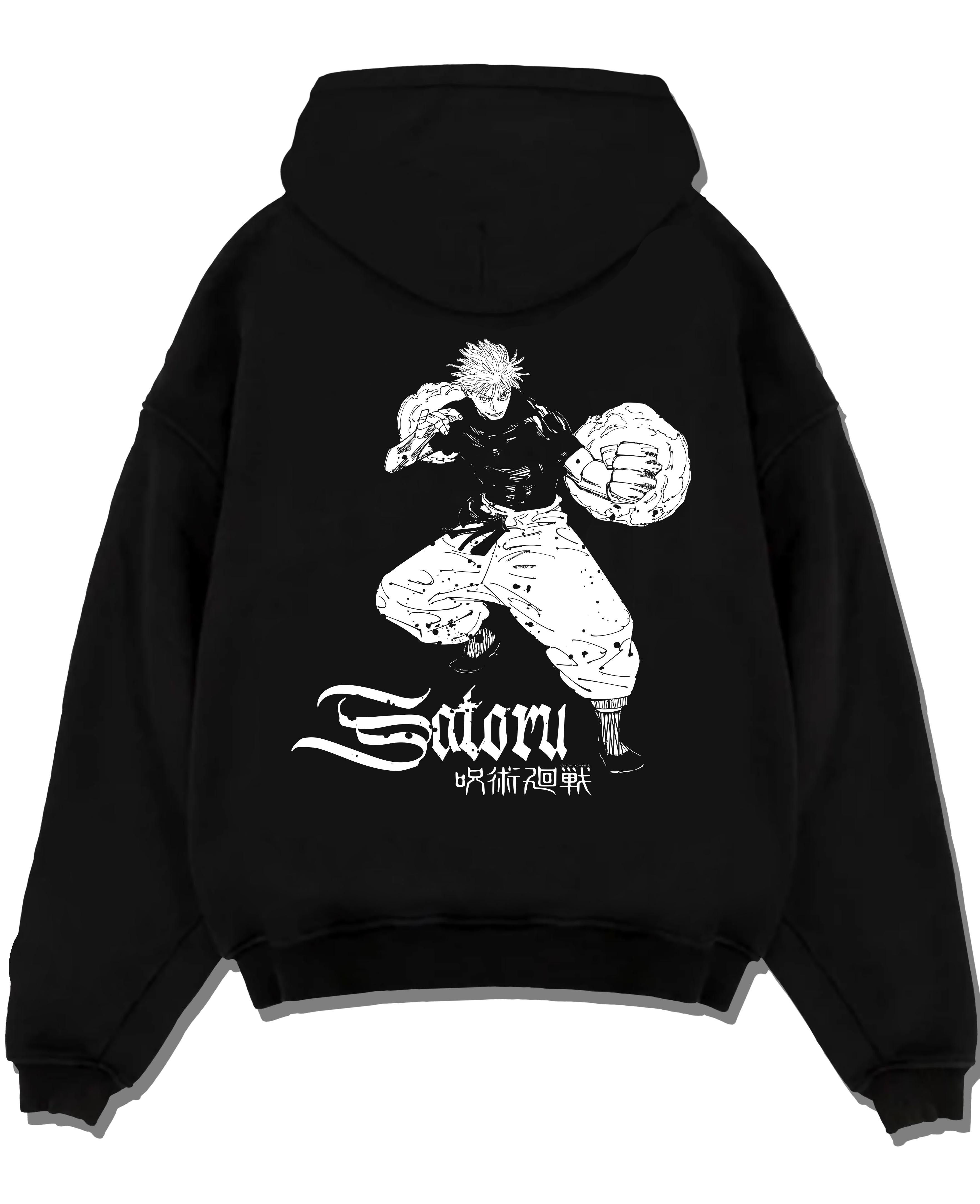 Black pullover hoodie laid flat on a white background, featuring Japanese animation streetwear graphic of Satoru with detailed shonen battle motif.