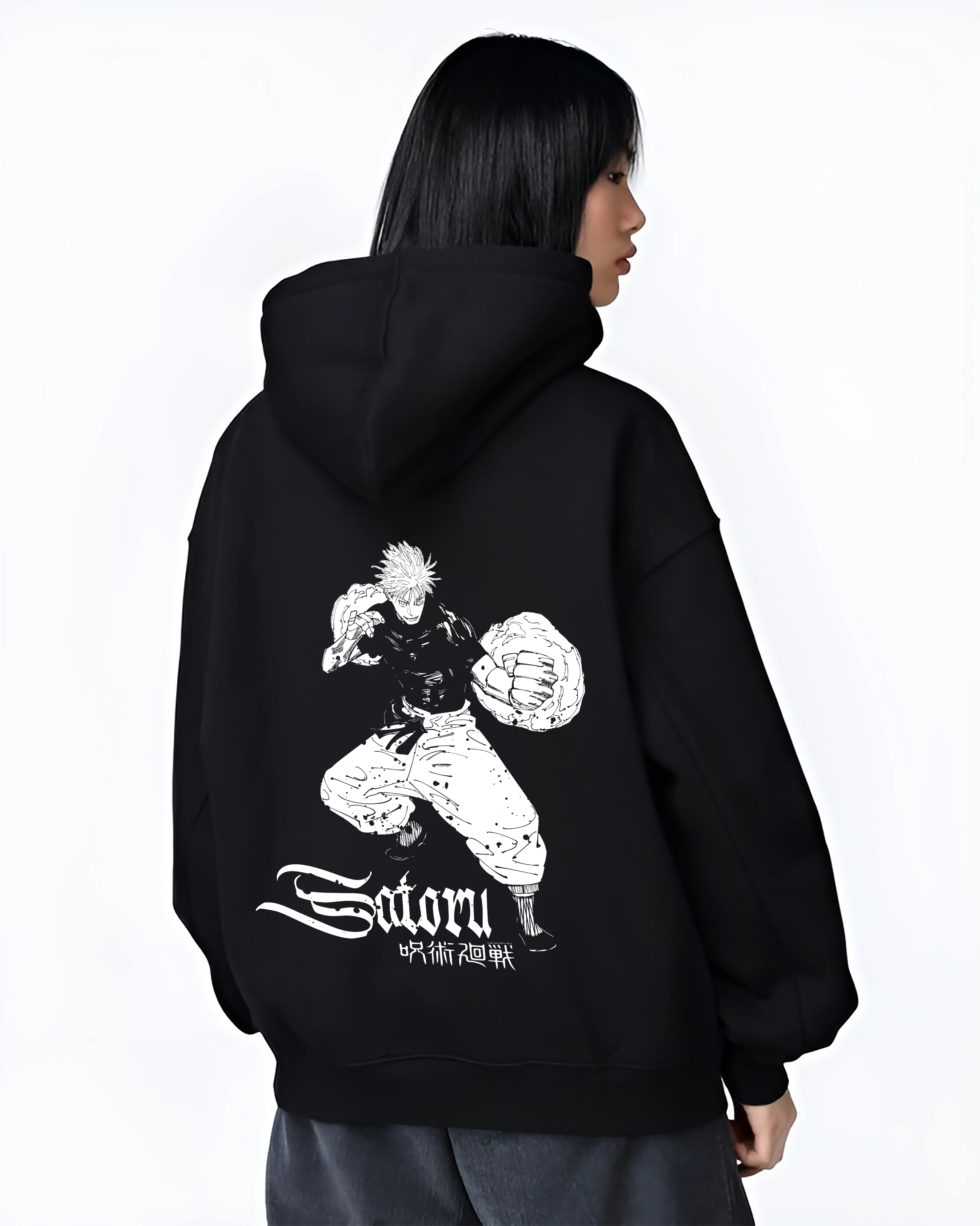 Black hoodie worn by a female model, back view, featuring One Piece Luffy Gear 5 retro manga artwork print.