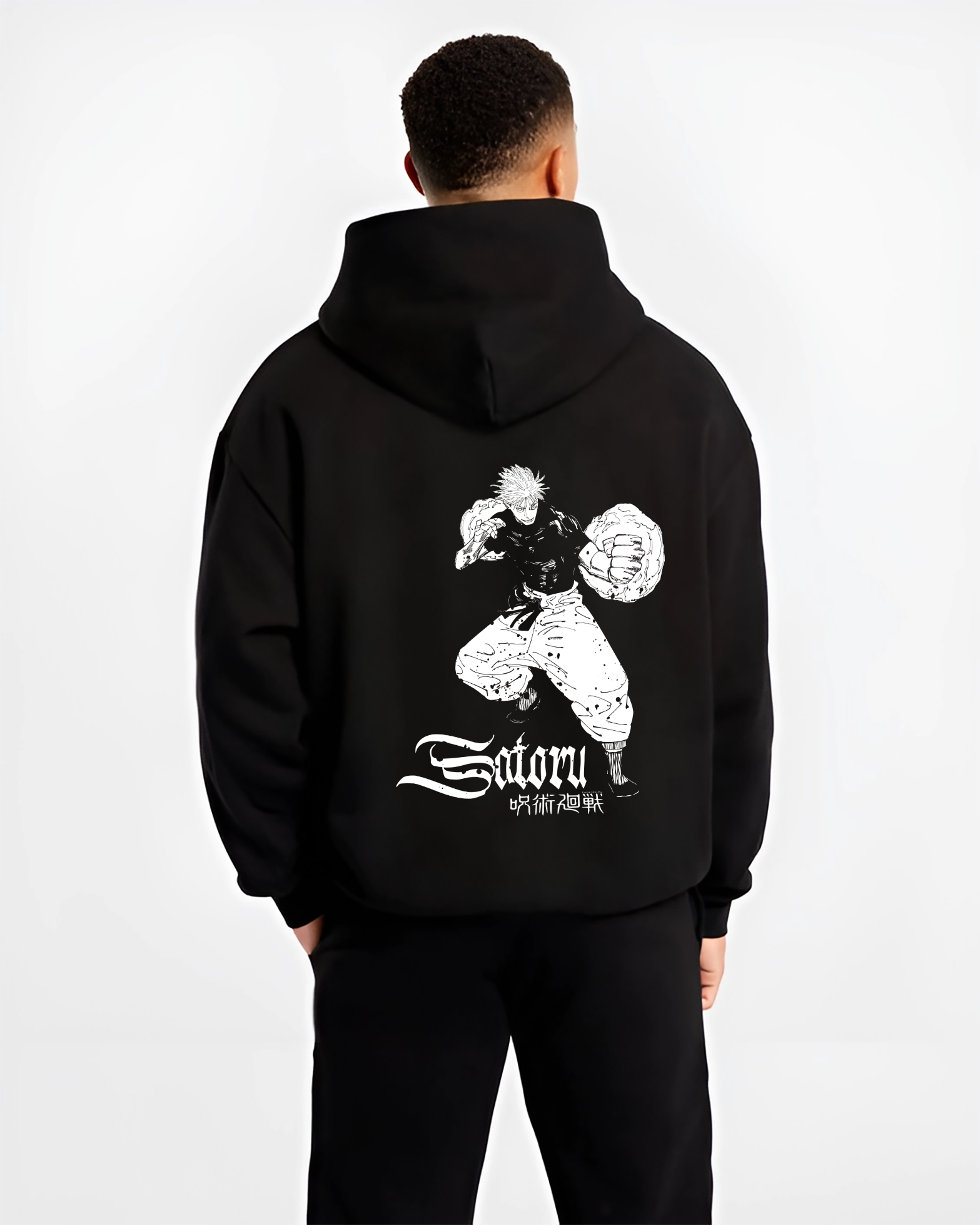 Black hoodie worn by a male model, back view, featuring One Piece Luffy Gear 5 shonen battle streetwear artwork.