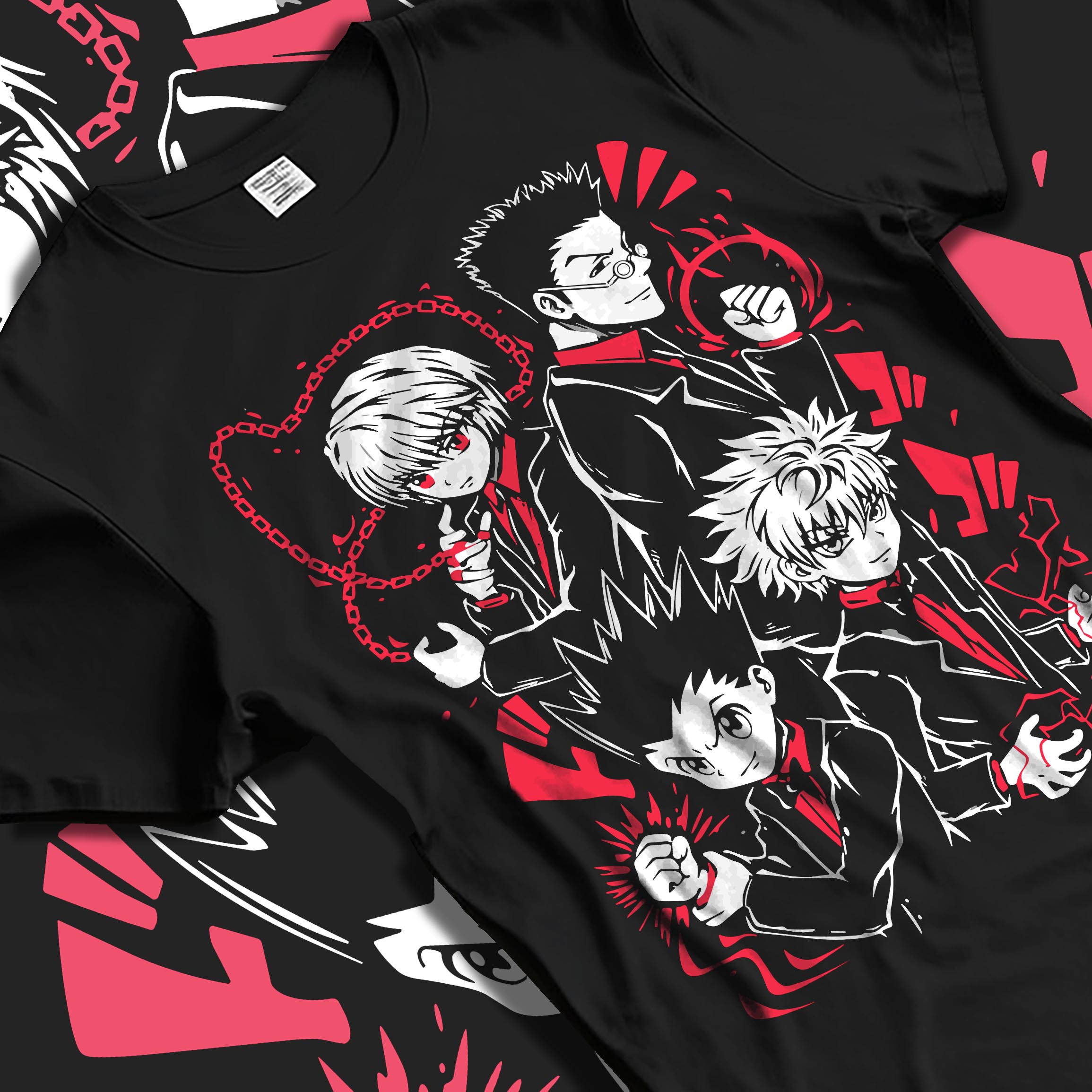 Black T-shirt laid flat with natural fabric folds, featuring Hunter x Hunter anime poster inspired Gon, Killua, Kurapika, and Leorio group design with red manga background style.
