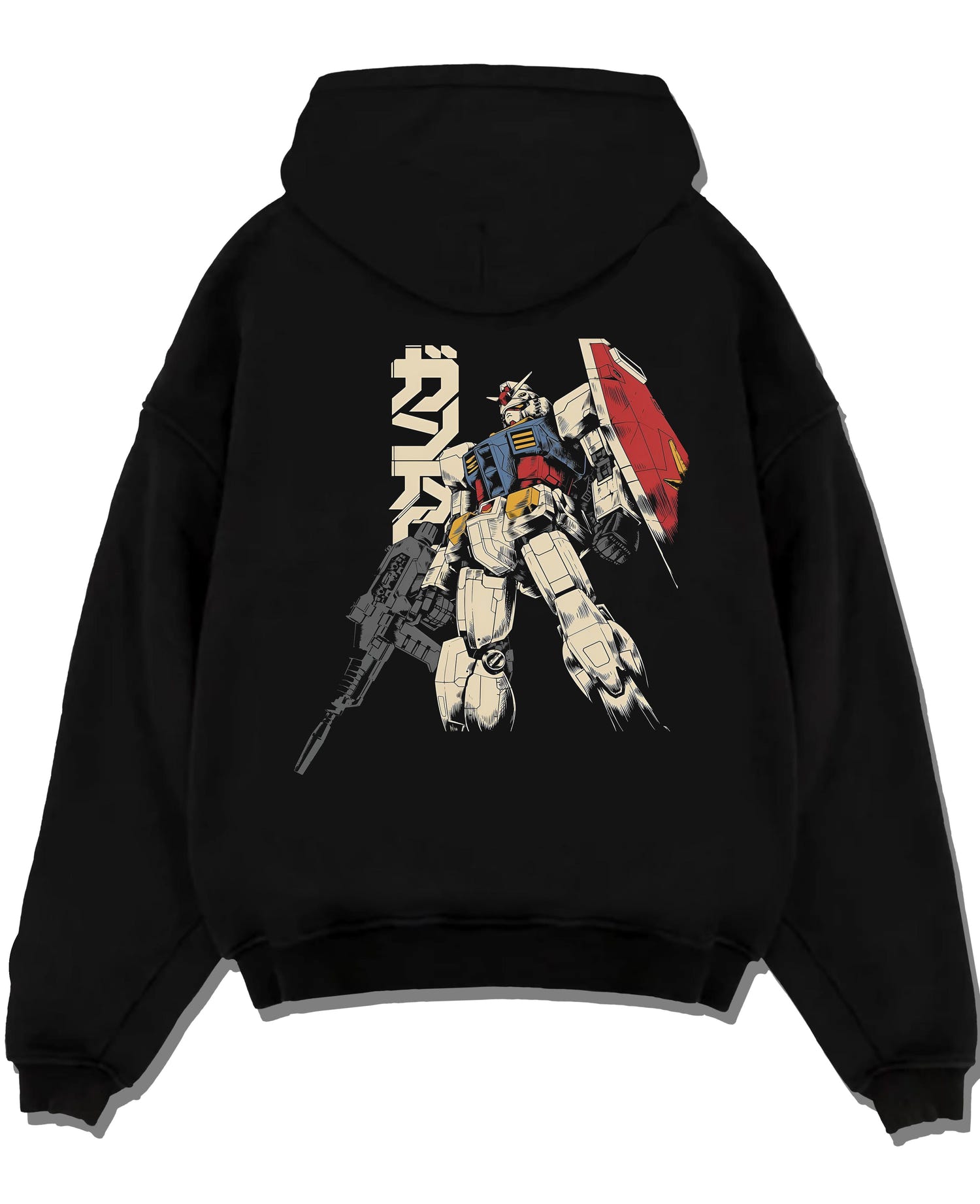 Black pullover hoodie laid flat on a white background, featuring Mobile Suit Gundam retro mecha anime poster inspired design with detailed manga artwork style.