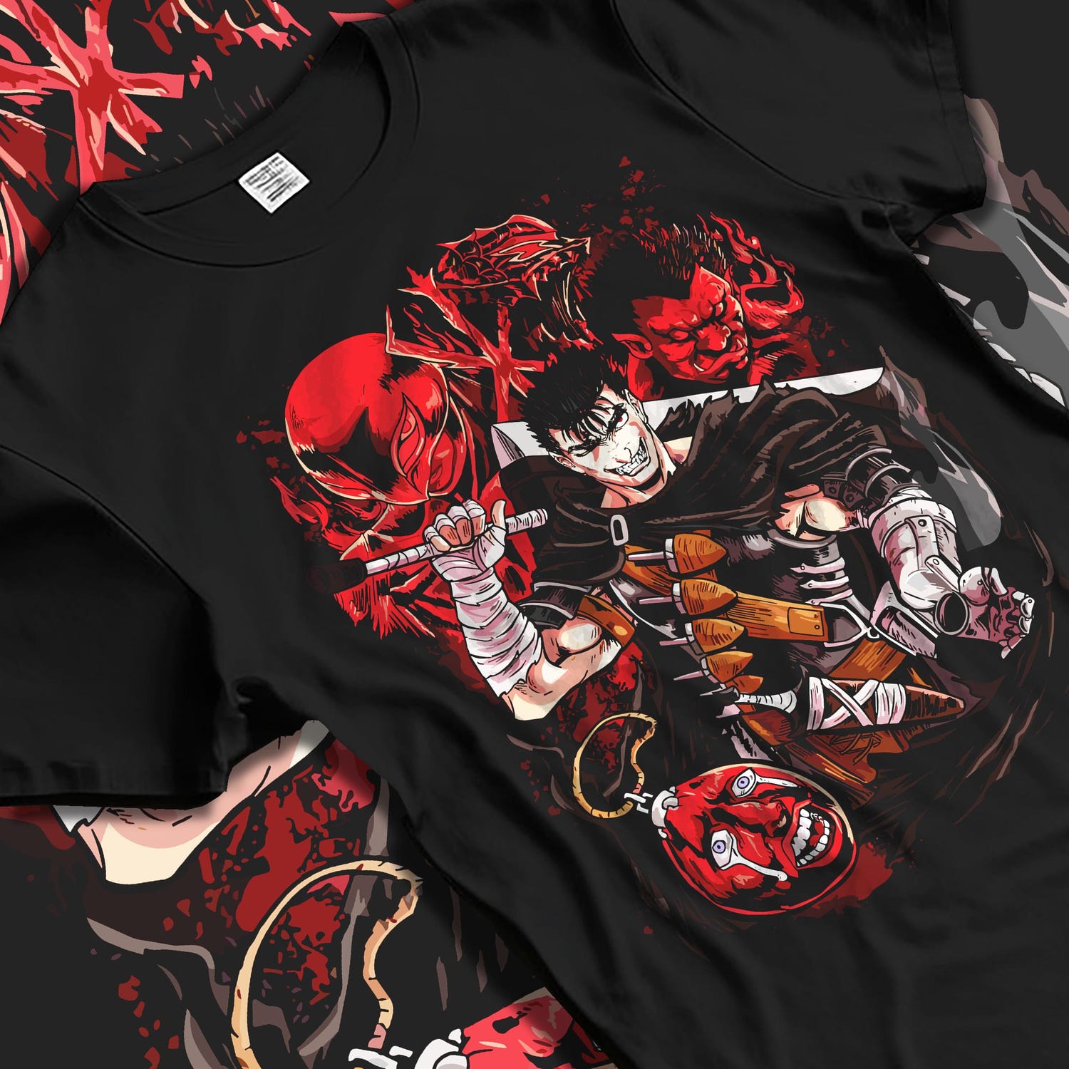 Black T-shirt laid flat with natural fabric folds, featuring Berserk Guts with Apostles, retro manga graphic design and neo-noir horror poster aesthetic.