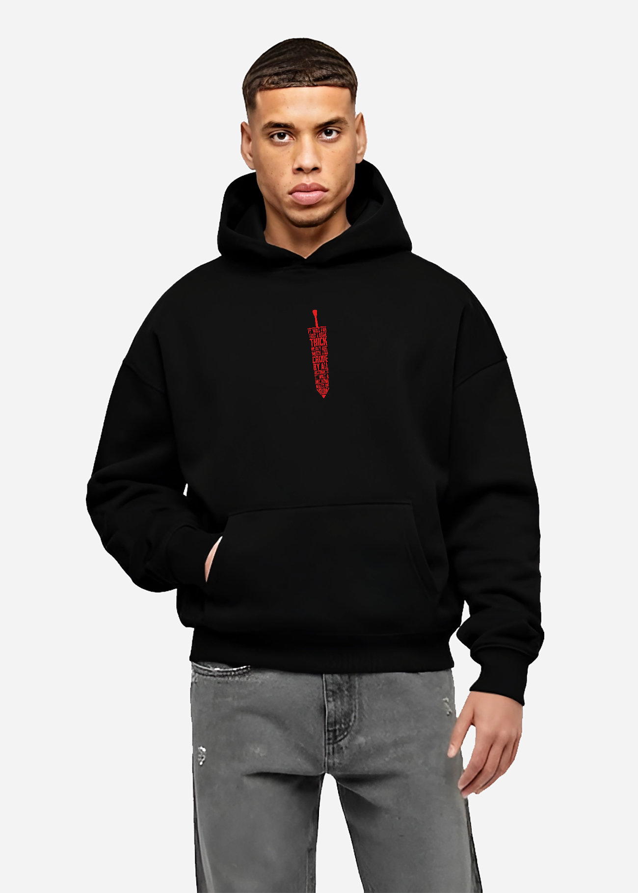 Person wearing a black hoodie with a red logo on a light gray background
