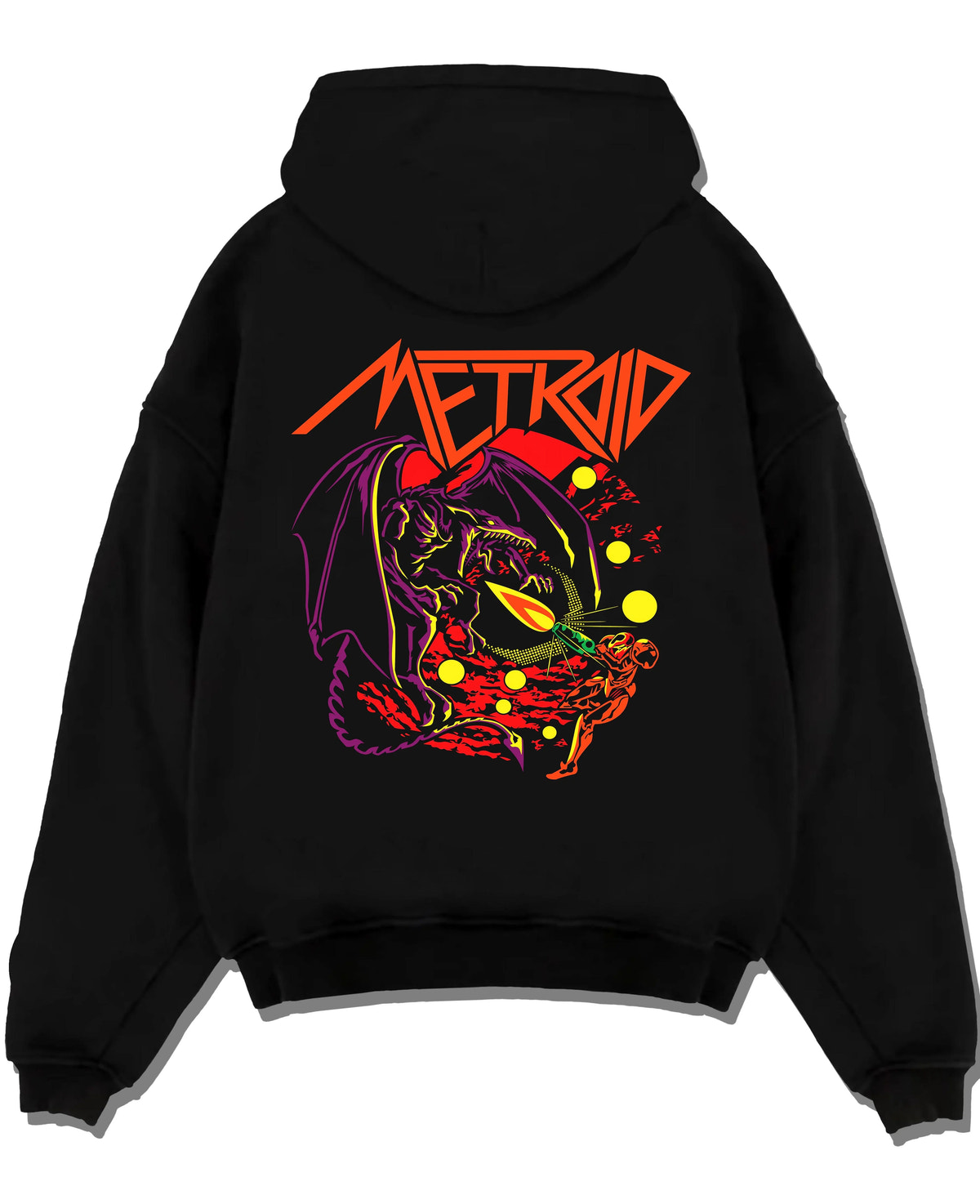 Black hoodie laid flat featuring Ryu Hadouken dragon energy artwork.
