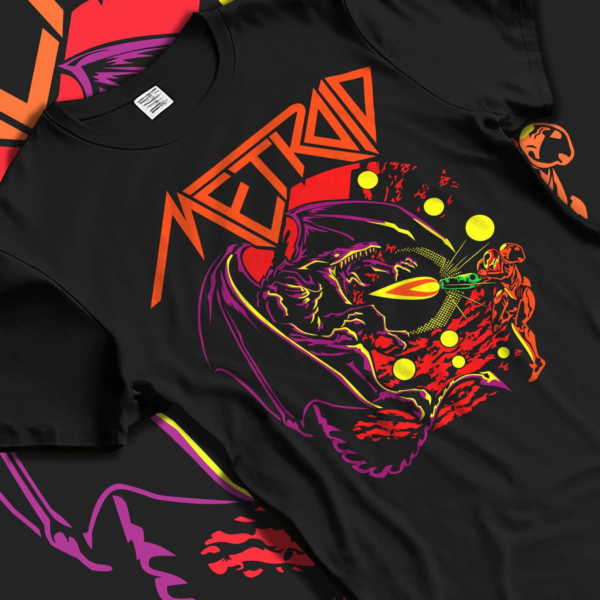 Black T-shirt laid flat with natural folds featuring Ryu Hadouken dragon energy artwork.