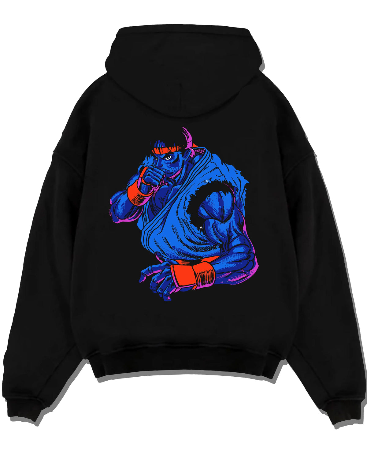 Black hoodie laid flat featuring Ryu blue gi Hadouken battle artwork.