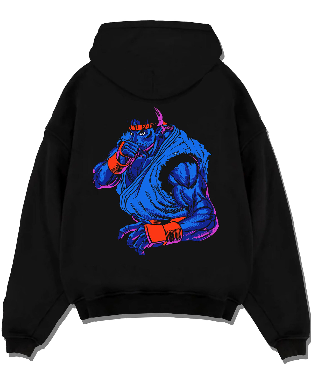 Black hoodie laid flat featuring Ryu blue gi Hadouken battle artwork.