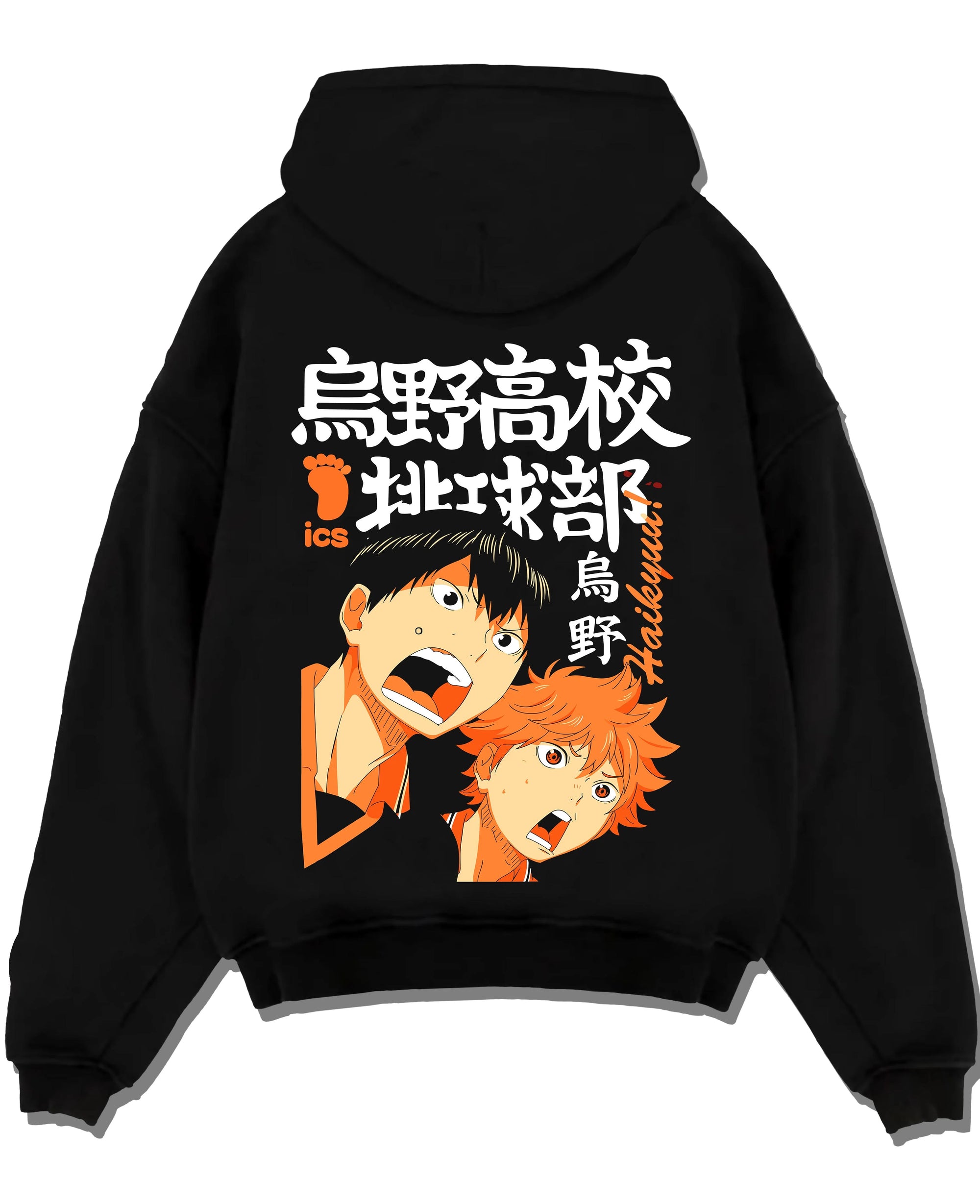 Black pullover hoodie laid flat with Haikyuu Hoodie Shoyo Hinata Karasuno Jump Jumper graphic premium wear.