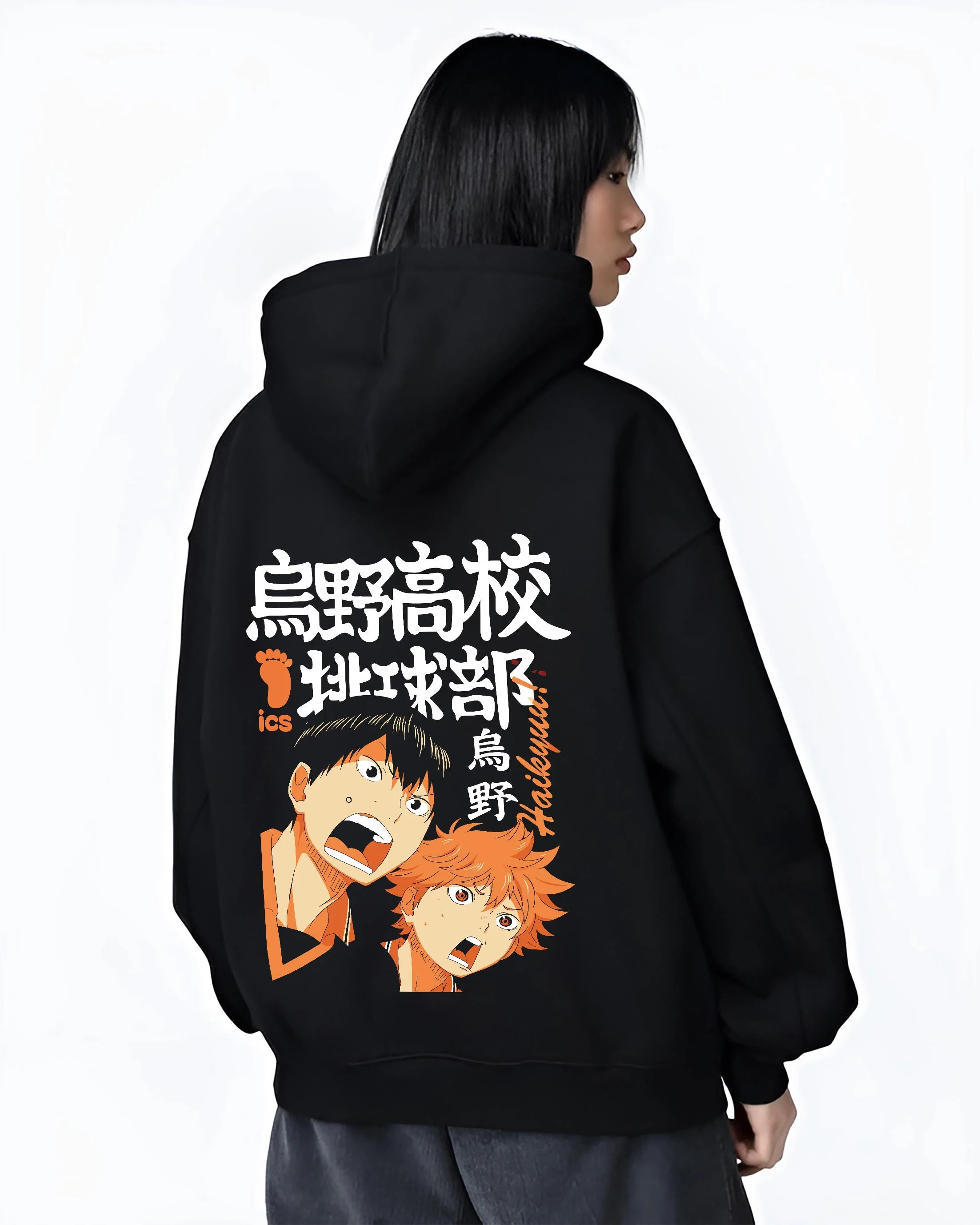 Black hoodie worn by female model, back view with Haikyuu Hoodie Shoyo Hinata Karasuno Jump Jumper graphic premium wear.