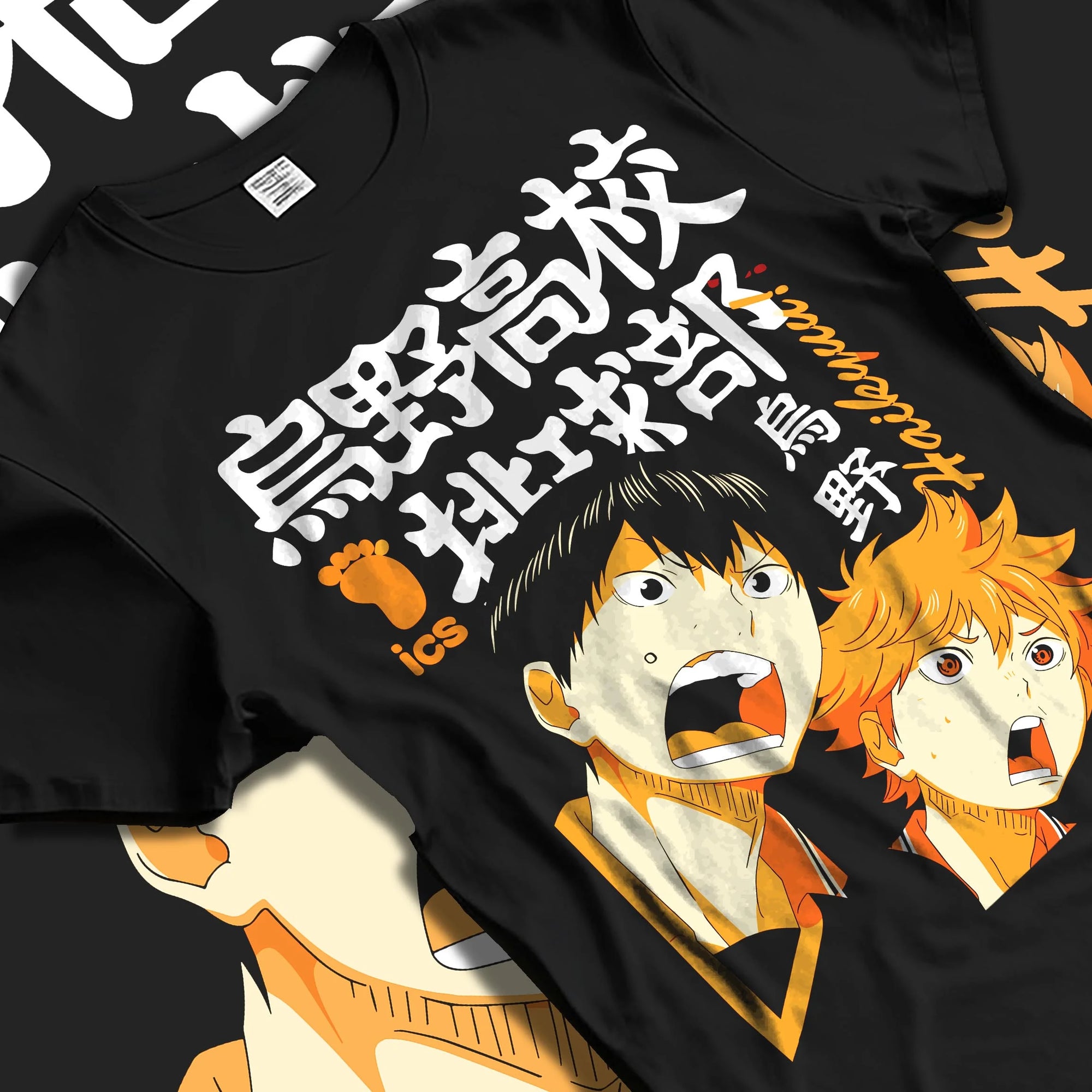 Black T-shirt laid flat with natural folds with Haikyuu Hoodie Shoyo Hinata Karasuno Jump Jumper graphic premium wear.